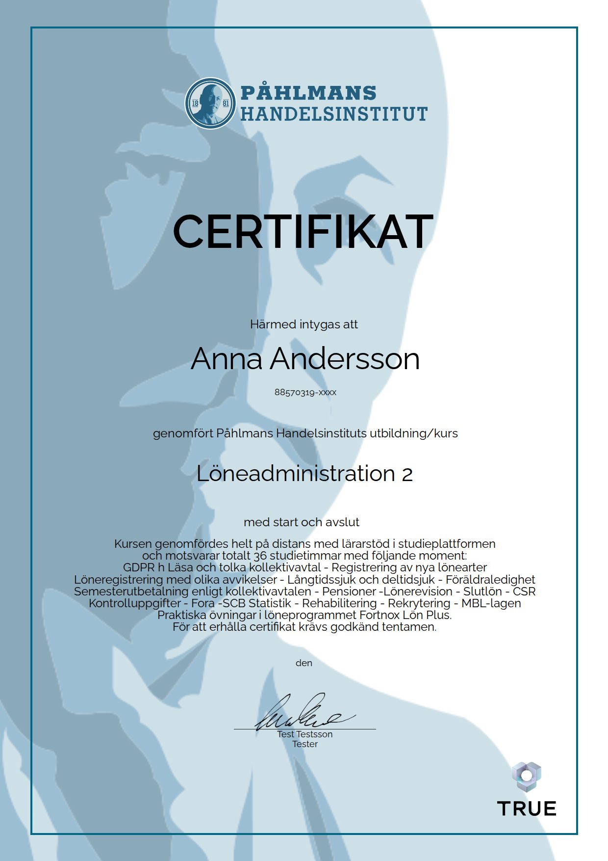 Example certificate for Löneadministration 2 from Medborgarskolan- Påhlmans