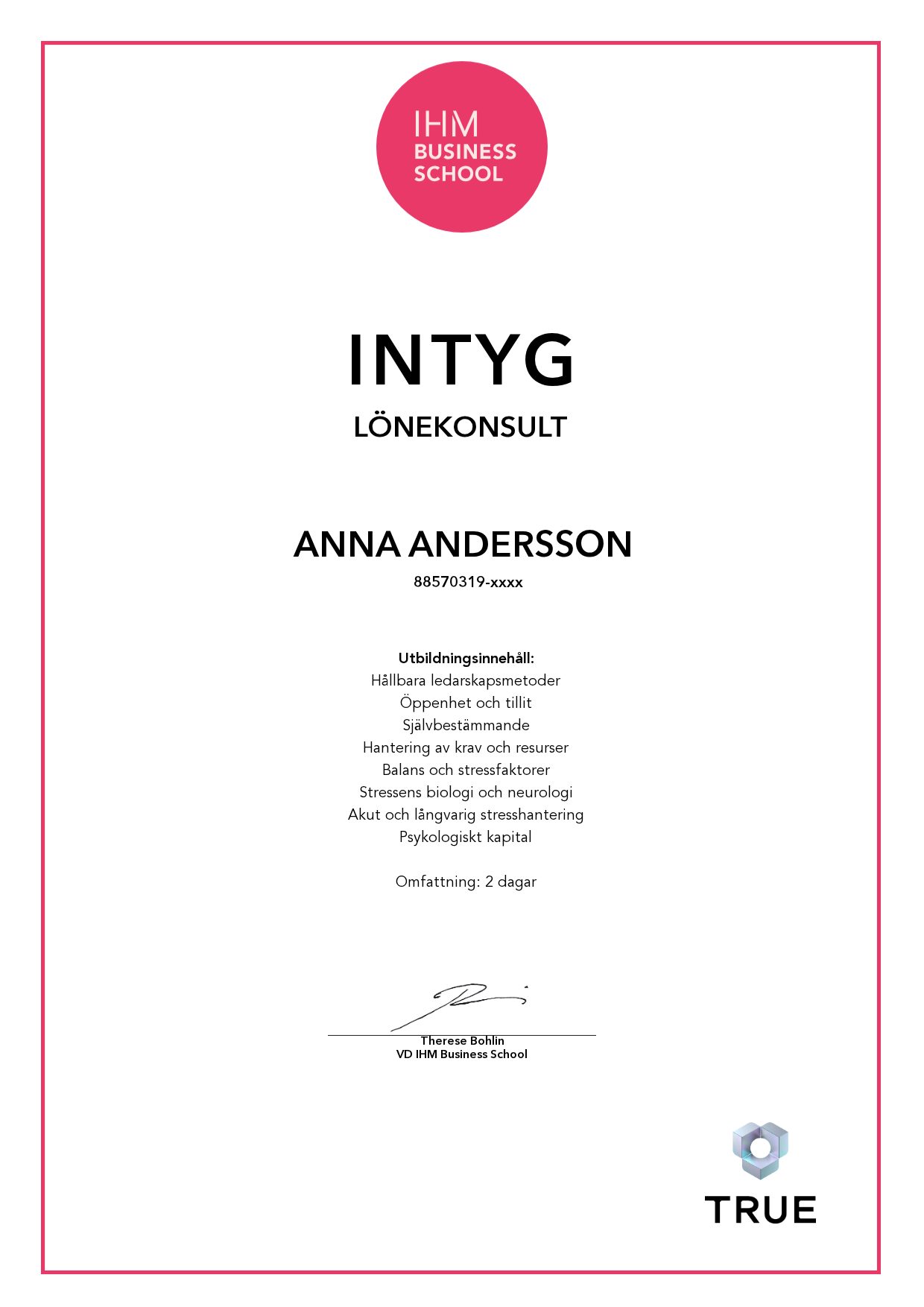 Exempel: diplom för Lönekonsult från IHM Business School