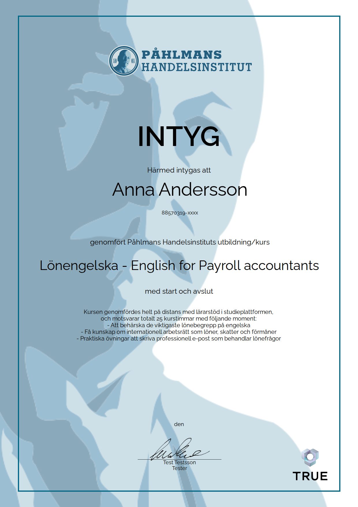 Exempel: diplom för Lönengelska - English for Payroll accountants från Medborgarskolan- Påhlmans