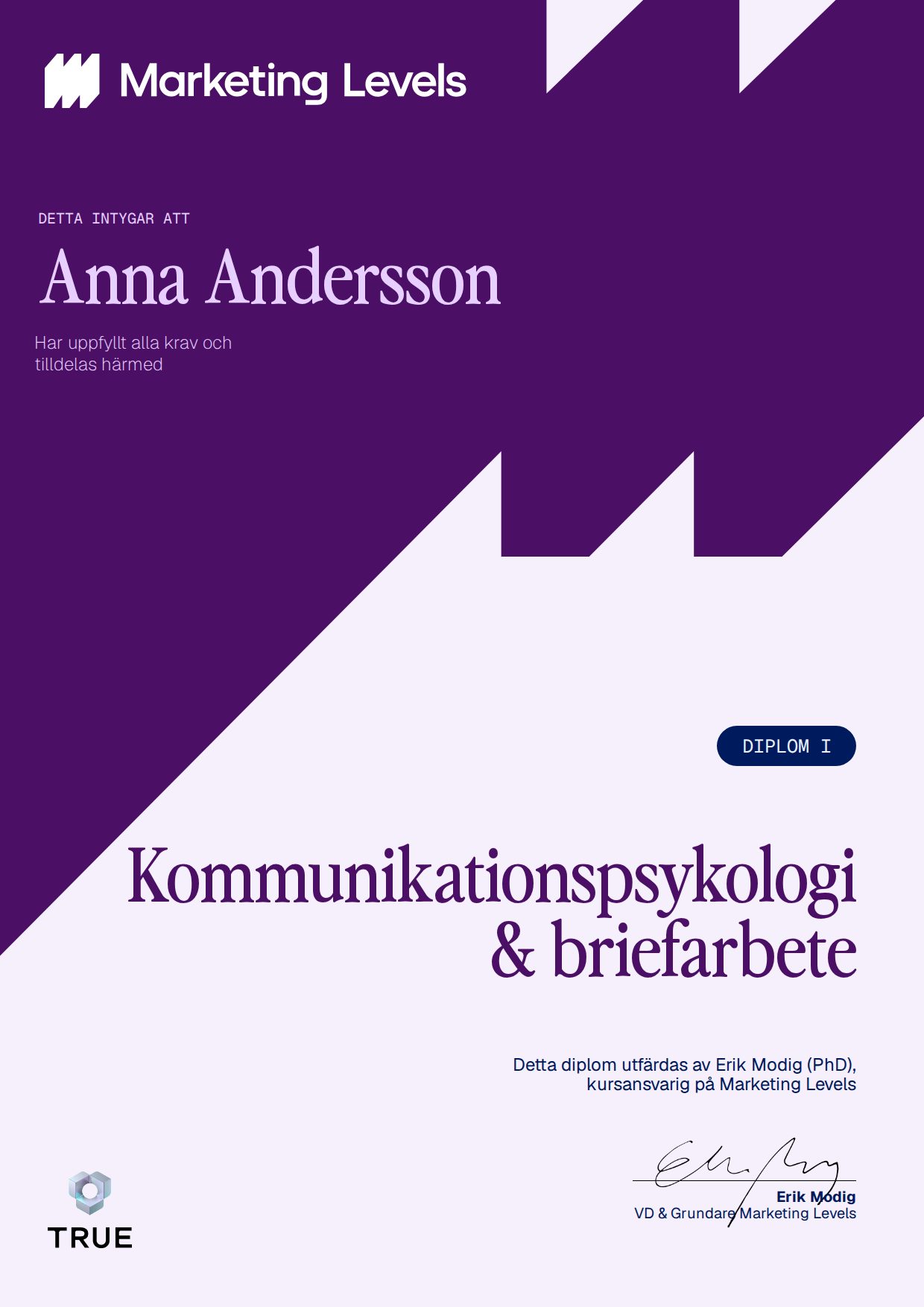 Exempel: diplom för Kommunikationspsykologi & briefarbete från Marketing Levels Sweden AB