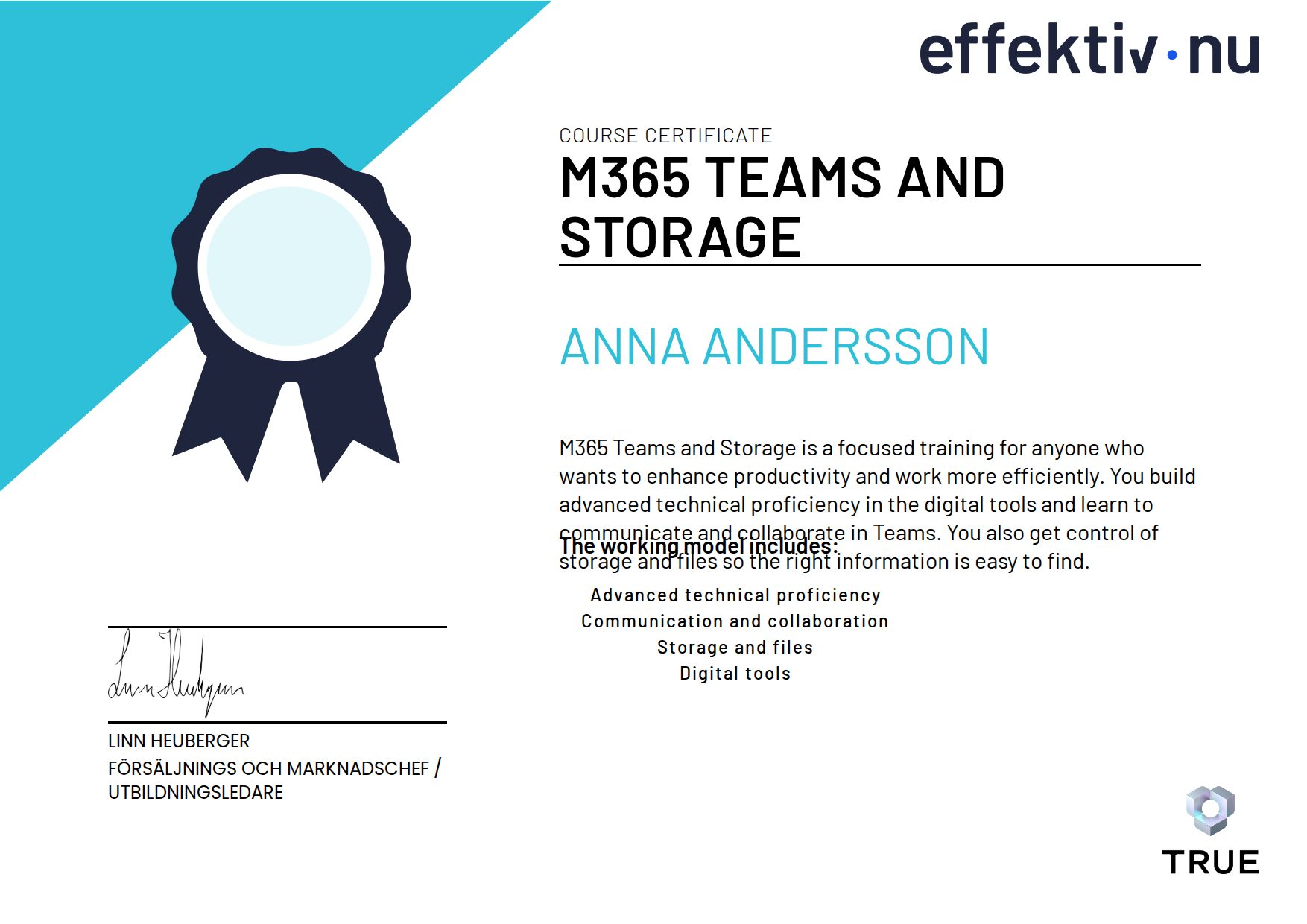 Exempel: diplom för M365 Teams and Storage från Effektiv nu