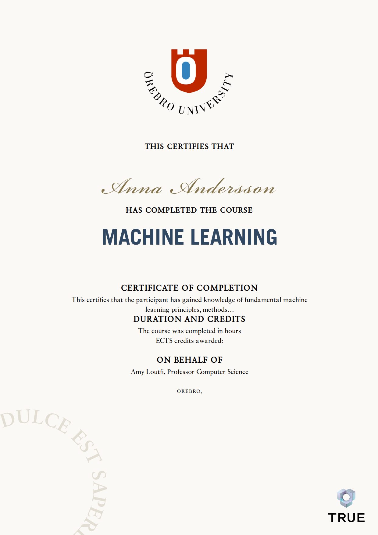 Example certificate for Machine Learning from Örebro universitet