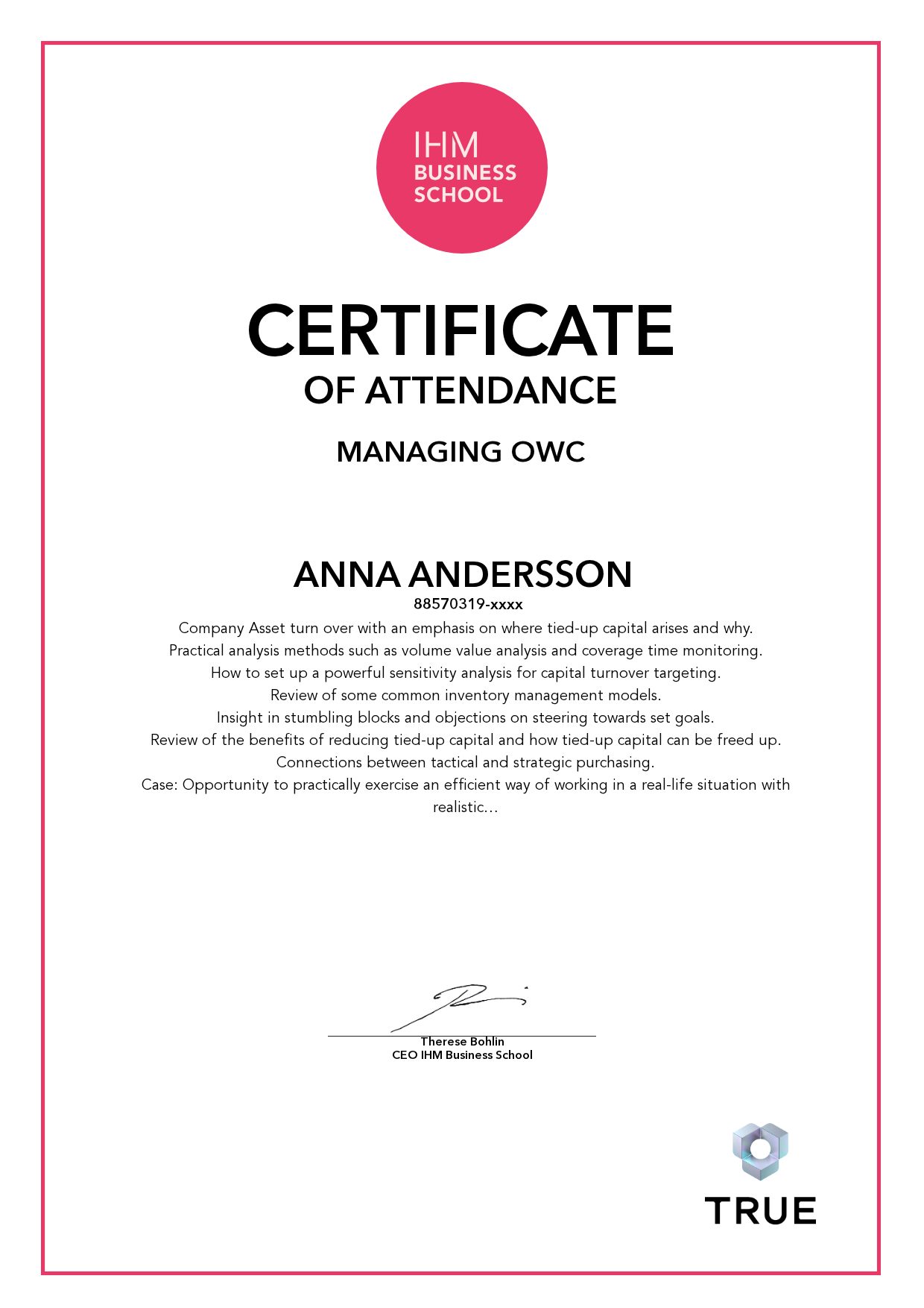Exempel: diplom för Managing OWC från IHM Business School