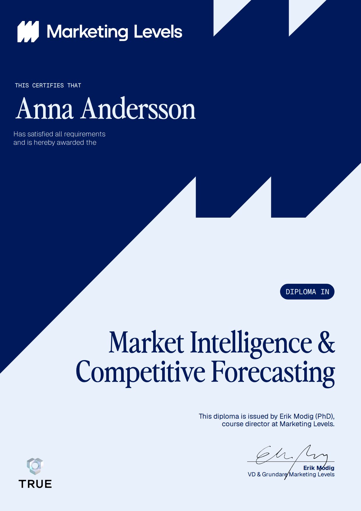 Exempel: diplom för Market Intelligence & Competitive Forecasting från Marketing Levels Sweden AB