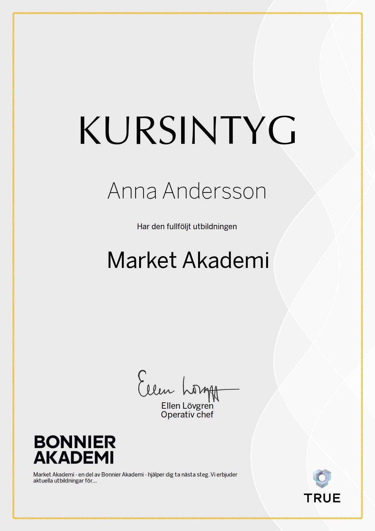 Exempel: diplom för Market Akademi från Bonnier Akademi