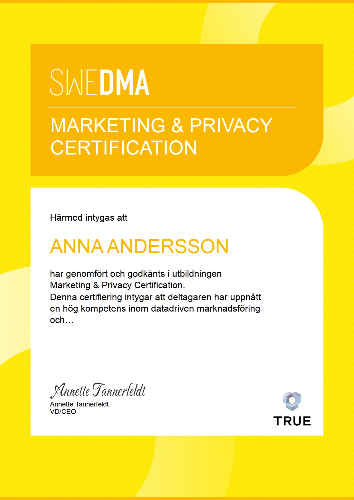Exempel: diplom för Marketing & Privacy Certification från SWEDMA