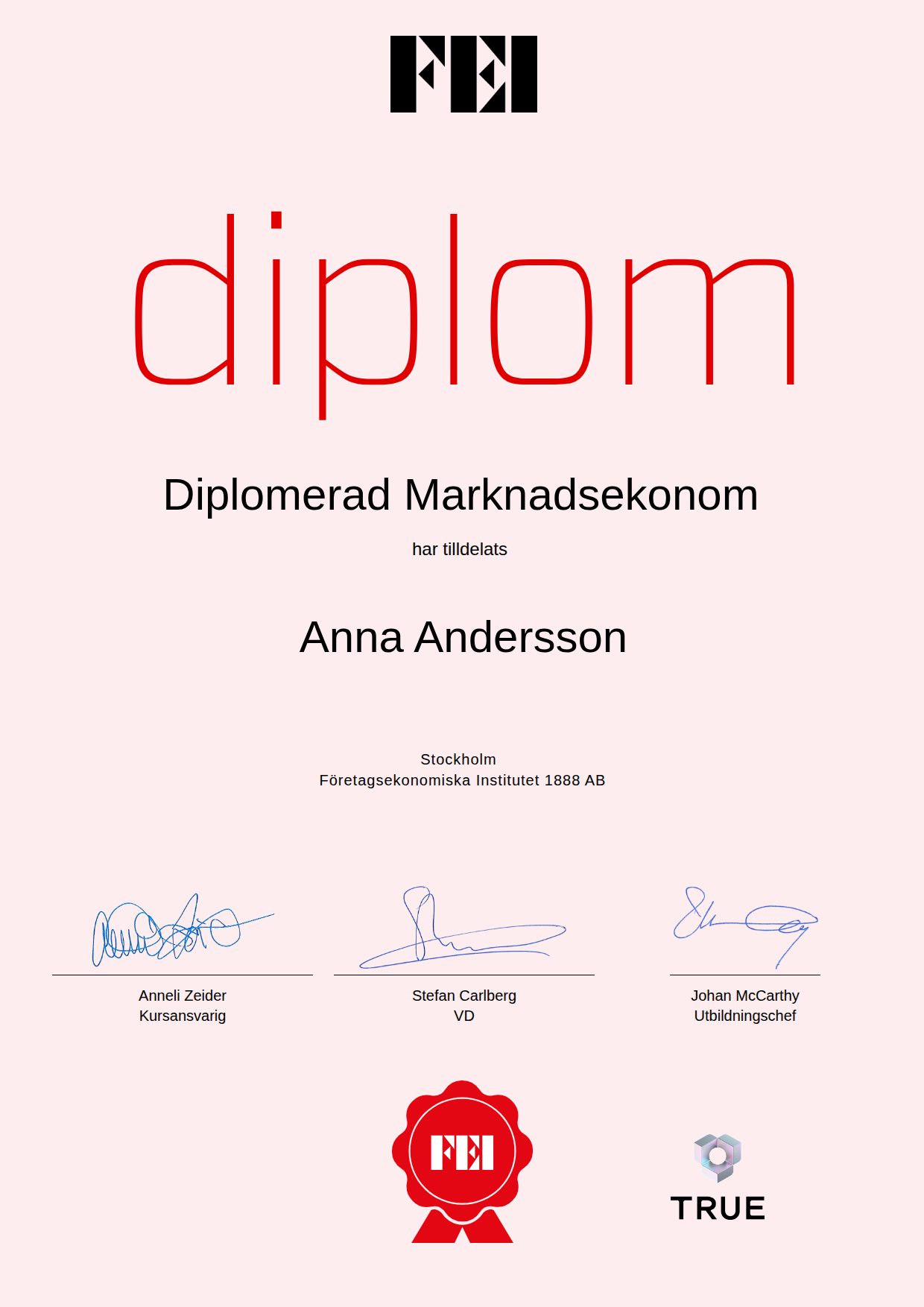 Exempel: diplom för Diplomerad Marknadsekonom från FEI - Företagsekonomiska Institutet