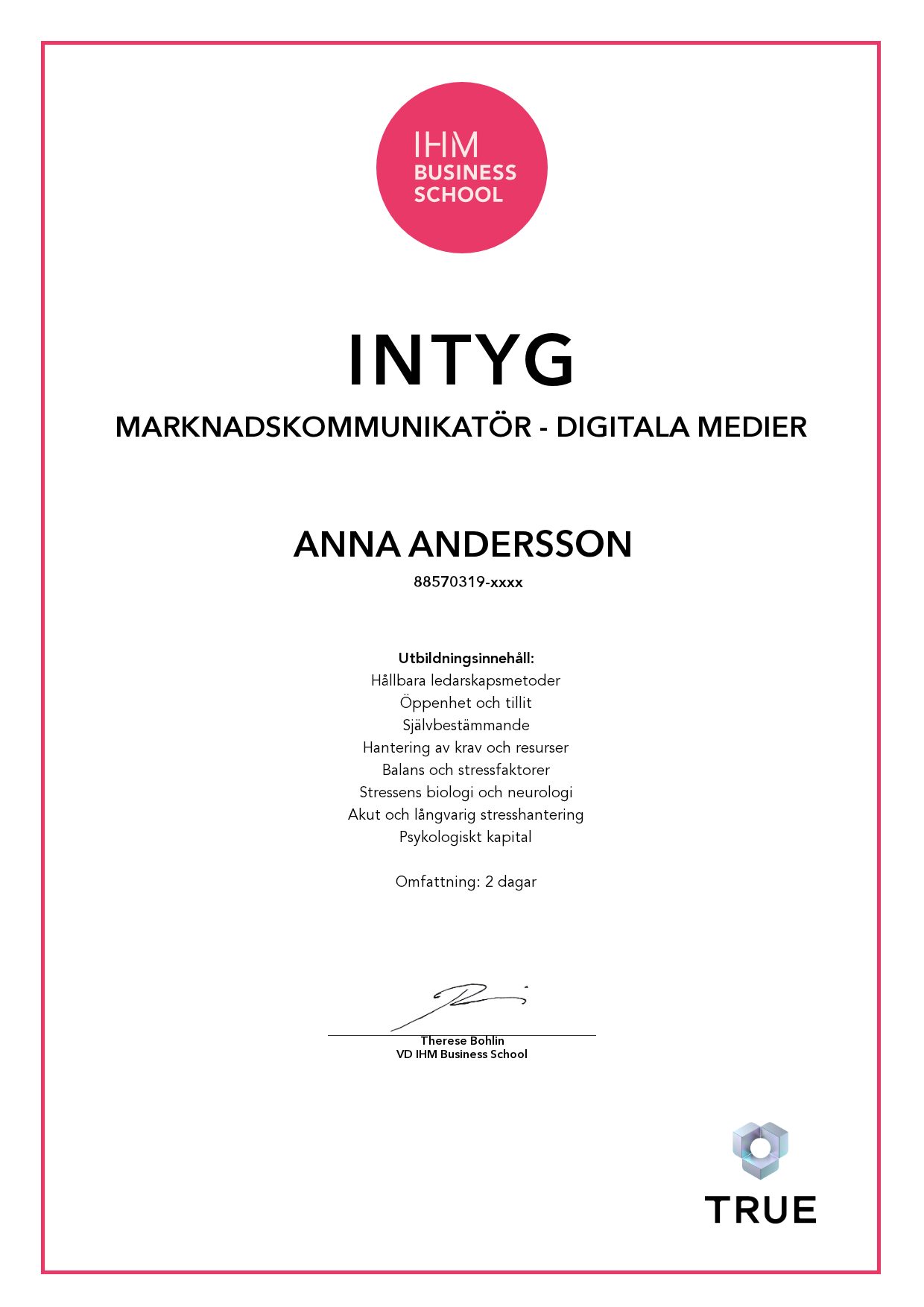 Exempel: diplom för Marknadskommunikatör - Digitala medier från IHM Business School