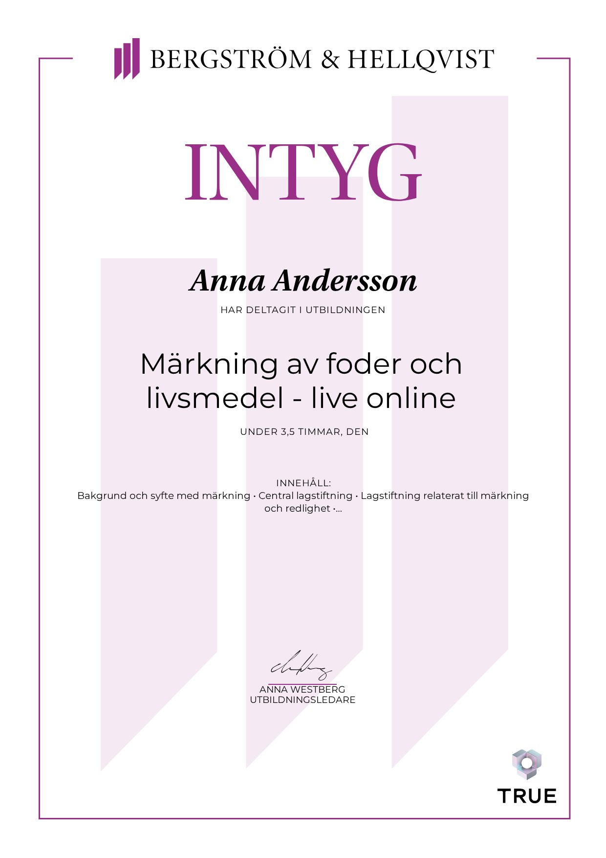 Example certificate for Märkning av foder och livsmedel - live online from Bergström & Hellqvist