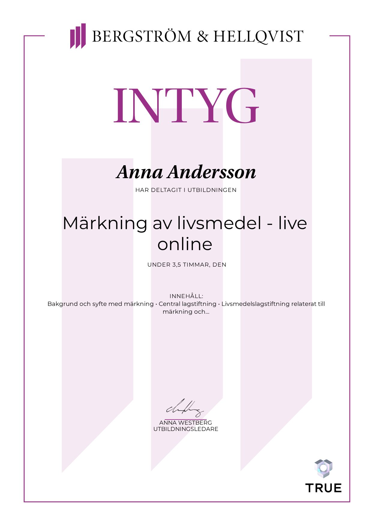 Exempel: diplom för Märkning av livsmedel - live online från Bergström & Hellqvist
