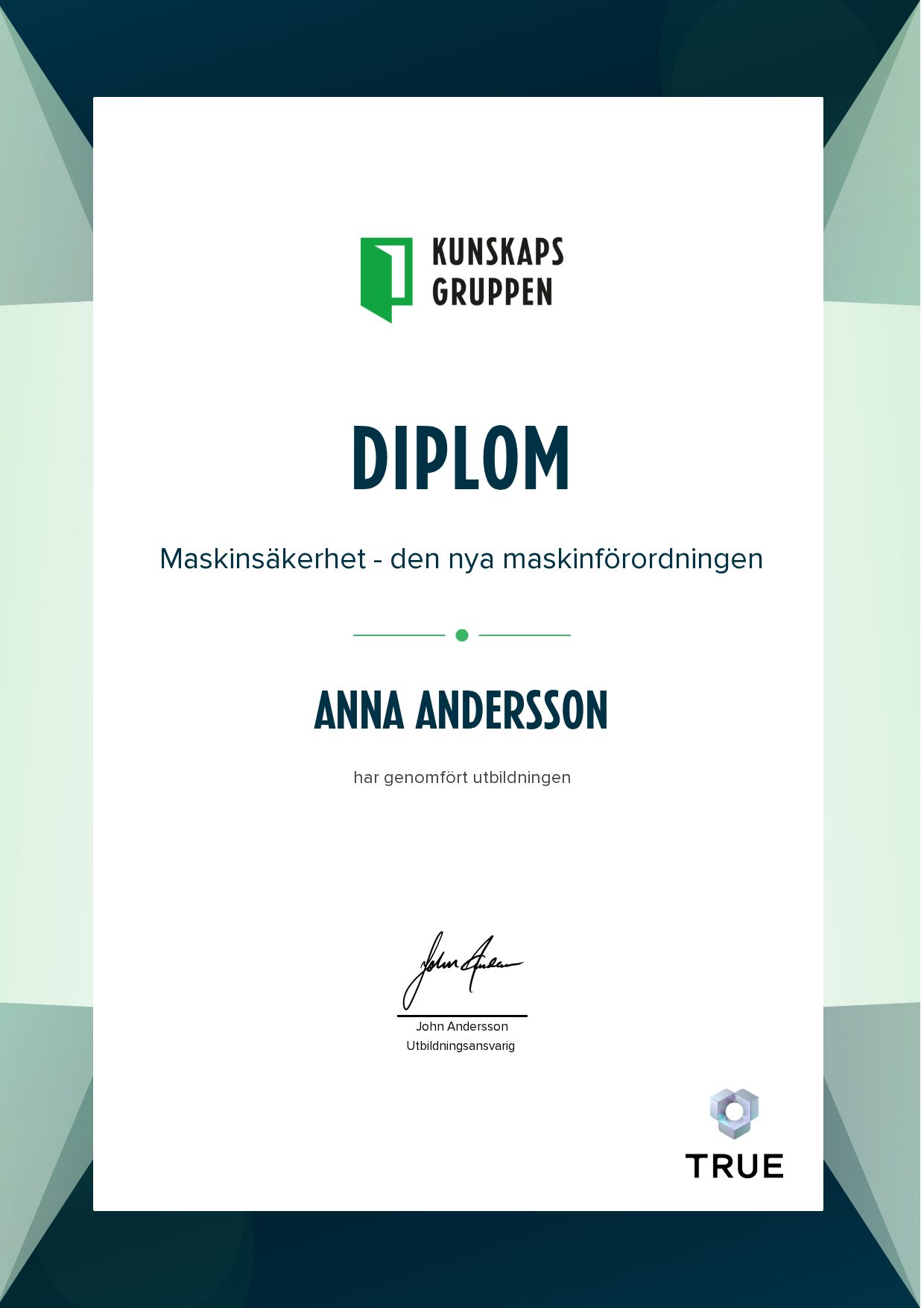 Exempel: diplom för Maskinsäkerhet - den nya maskinförordningen från Kunskapsgruppen