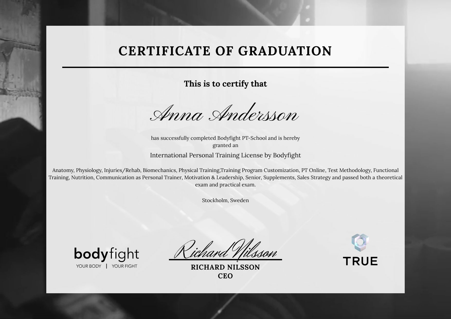 Exempel: diplom för Mental Coaching från Body Fight Sverige