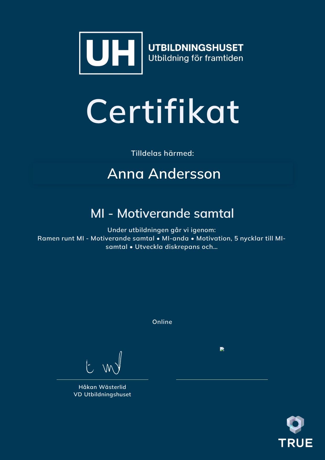 Exempel: diplom för MI - Motiverande samtal från Education Online