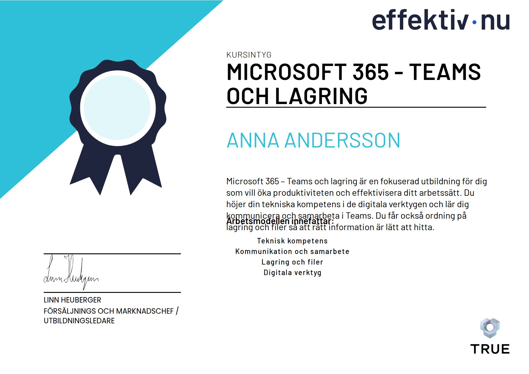 Example certificate for Microsoft 365 - Teams och lagring from Effektiv nu
