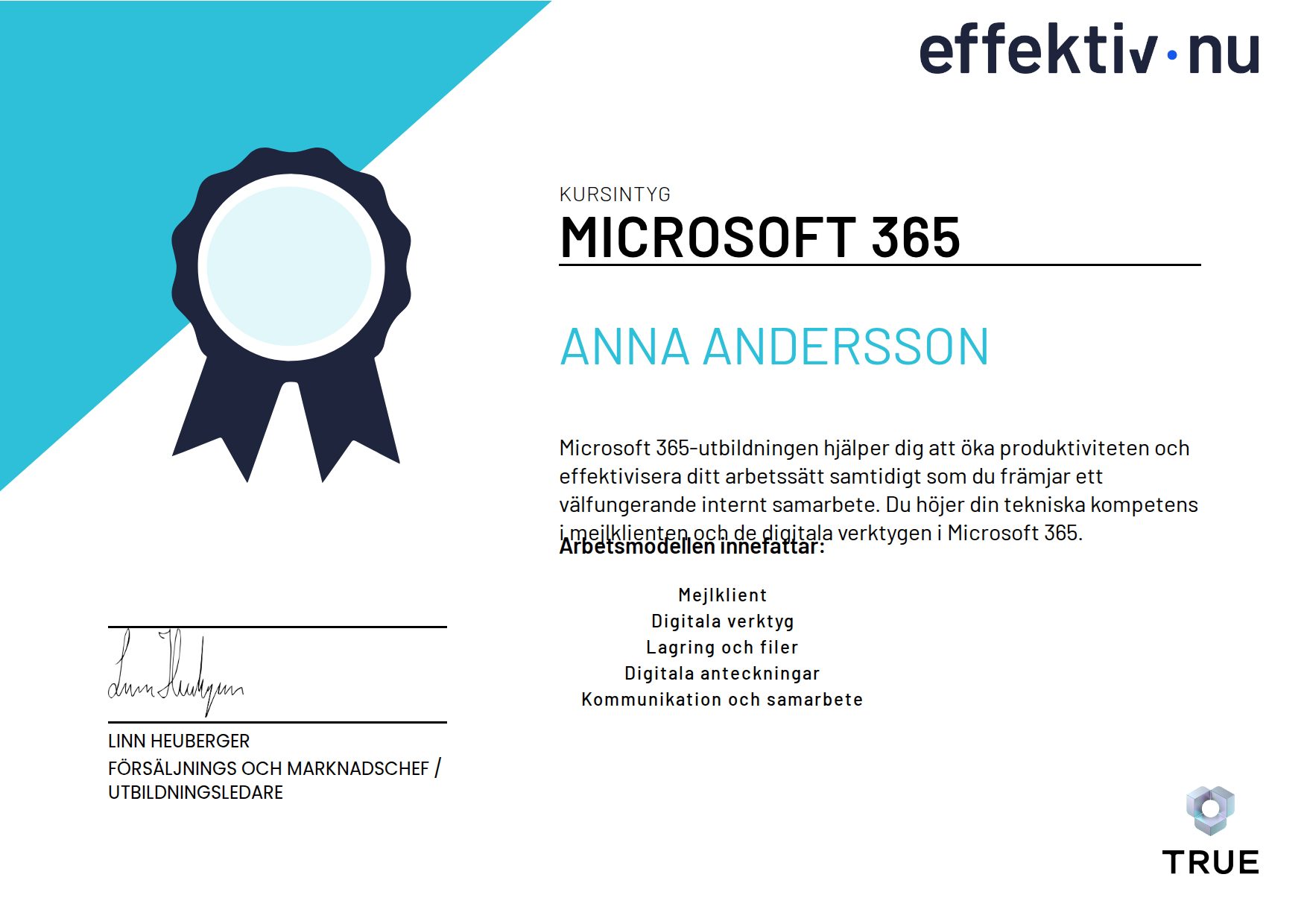Example certificate for Microsoft 365 from Effektiv nu