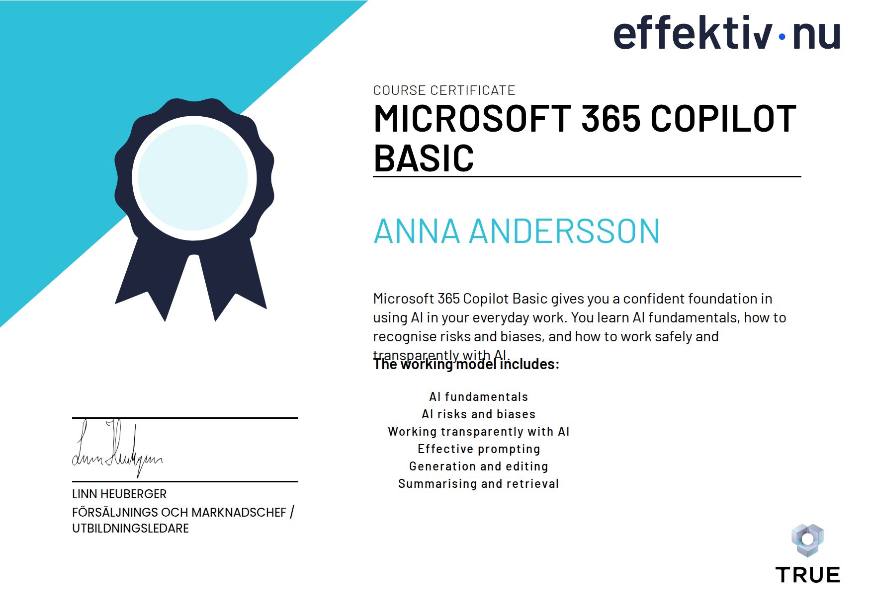 Example certificate for Microsoft 365 Copilot Basic from Effektiv nu