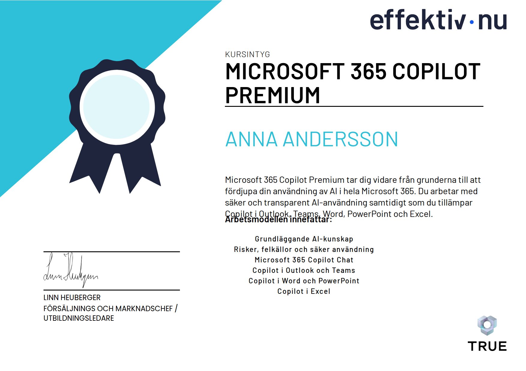 Example certificate for Microsoft 365 Copilot Premium from Effektiv nu