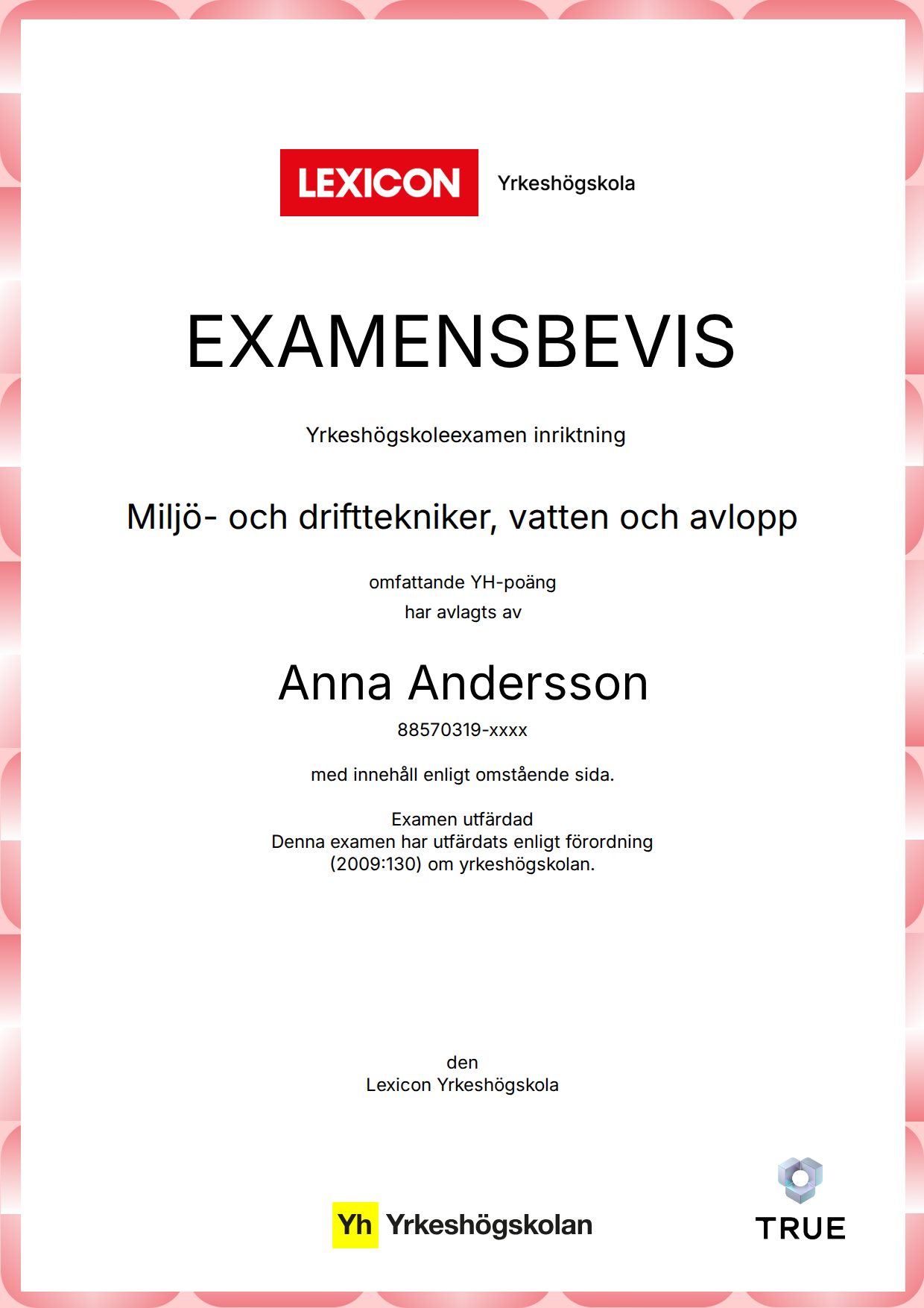 Example certificate for Miljö- och drifttekniker, vatten och avlopp from Lexicon Yrkeshögskola