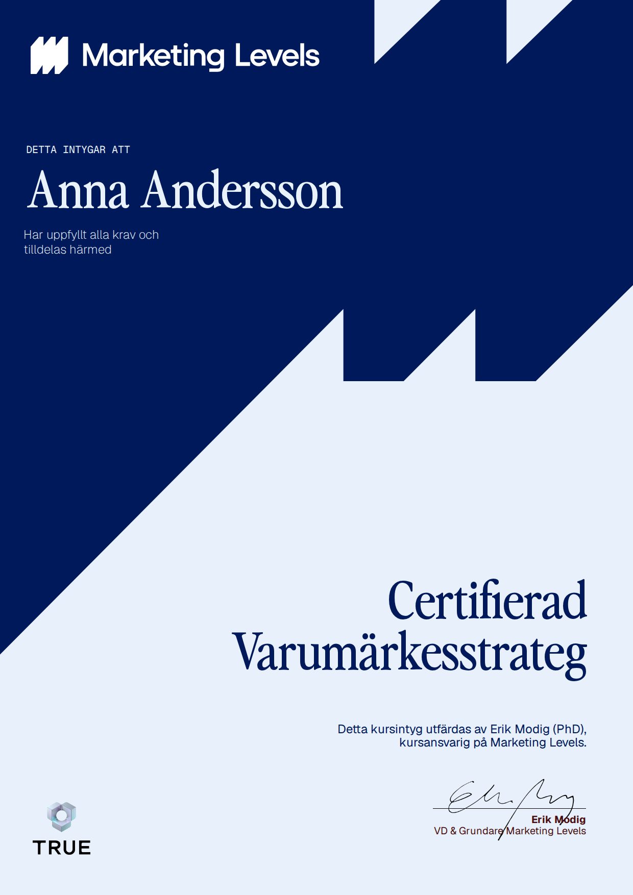 Example certificate for Certifierad Varumärkesstrateg from Marketing Levels Sweden AB