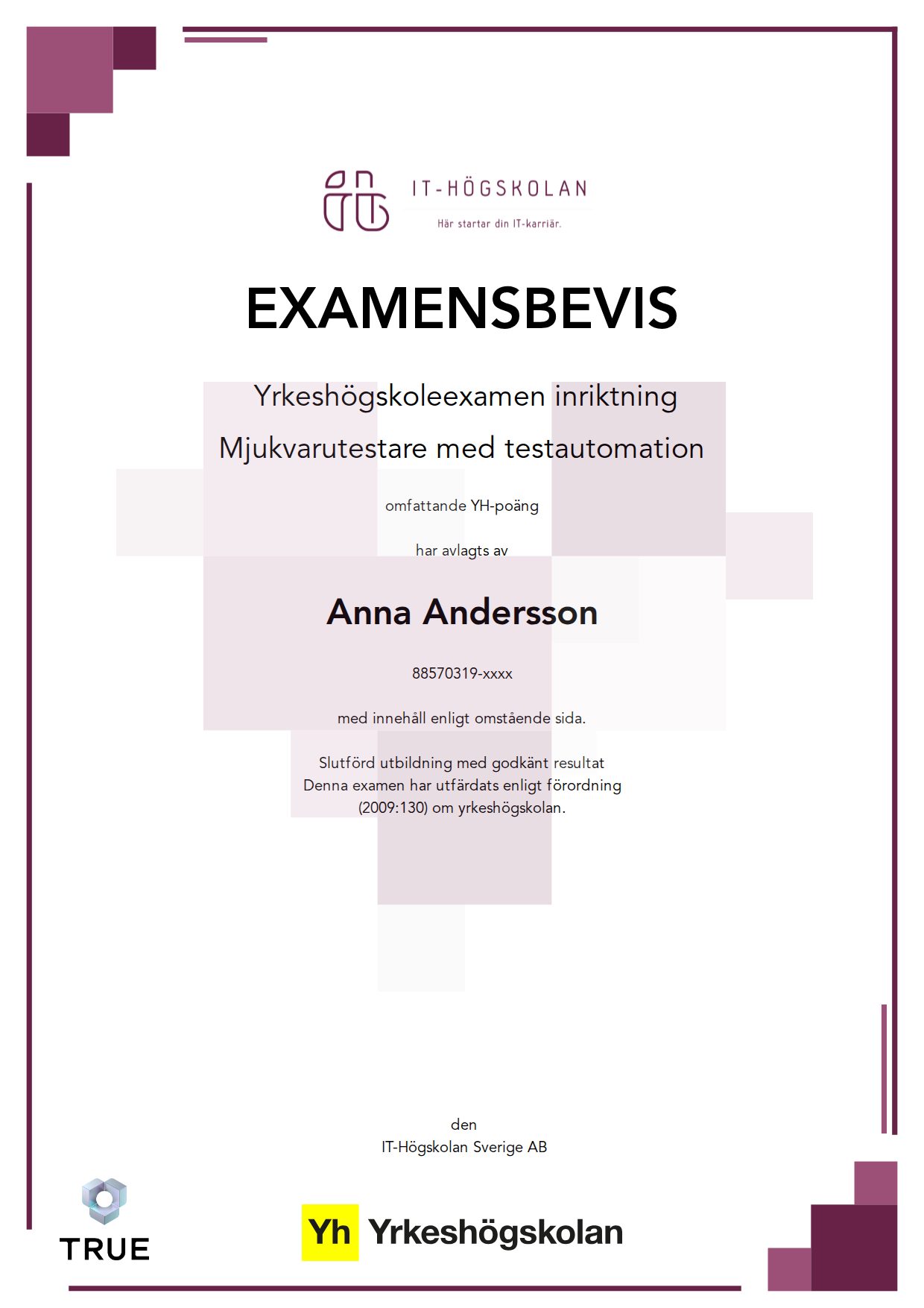 Example certificate for Mjukvarutestare med testautomation from IT-Högskolan