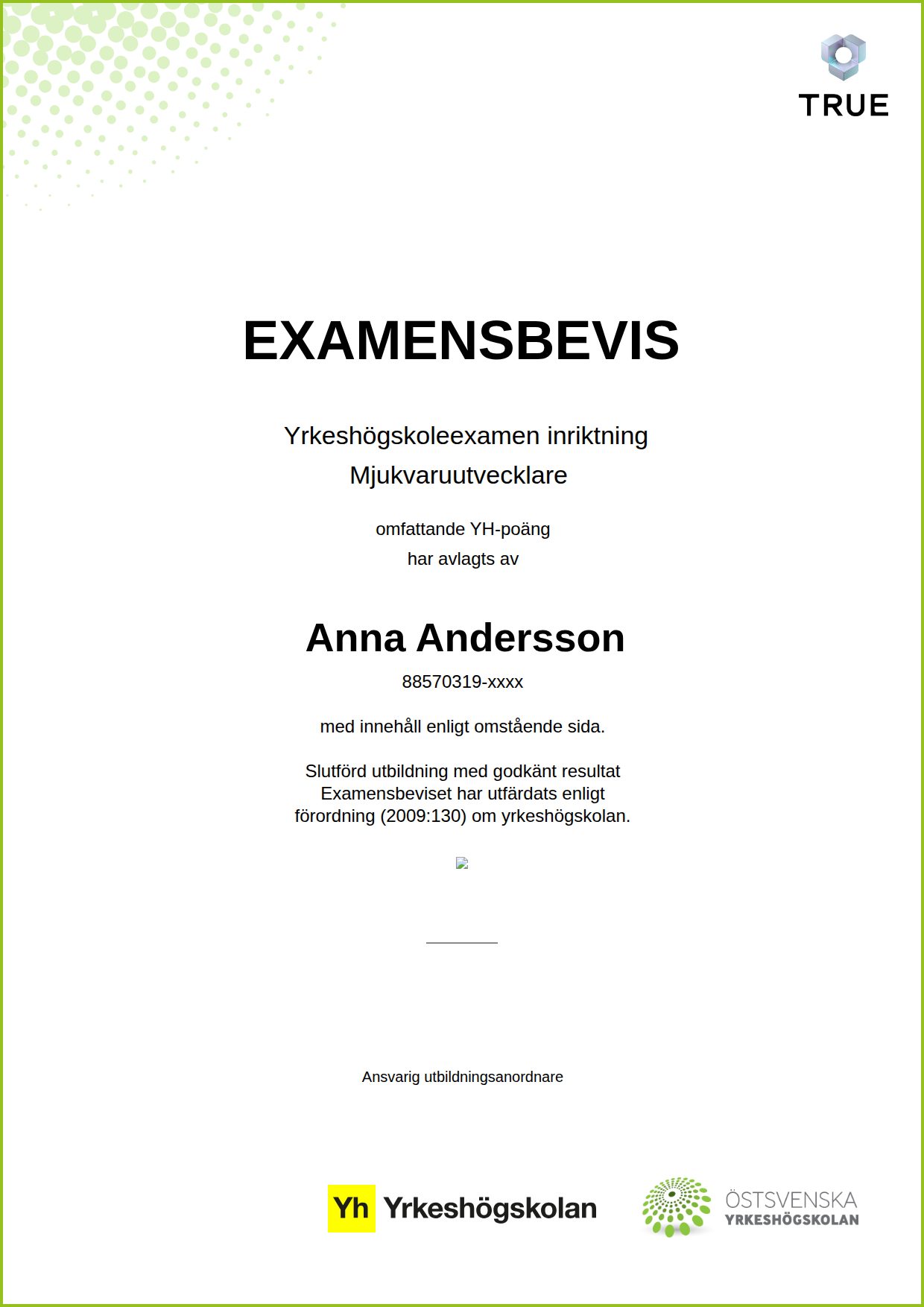 Exempel: diplom för Mjukvaruutvecklare från Östsvenska Yrkeshögskolan
