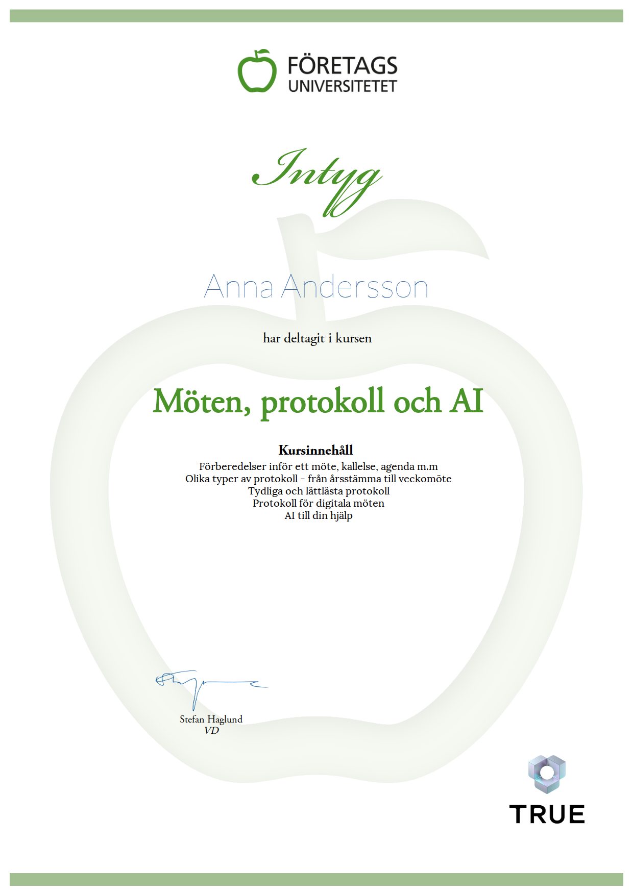 Exempel: diplom för Möten, protokoll och AI från Företagsuniversitetet