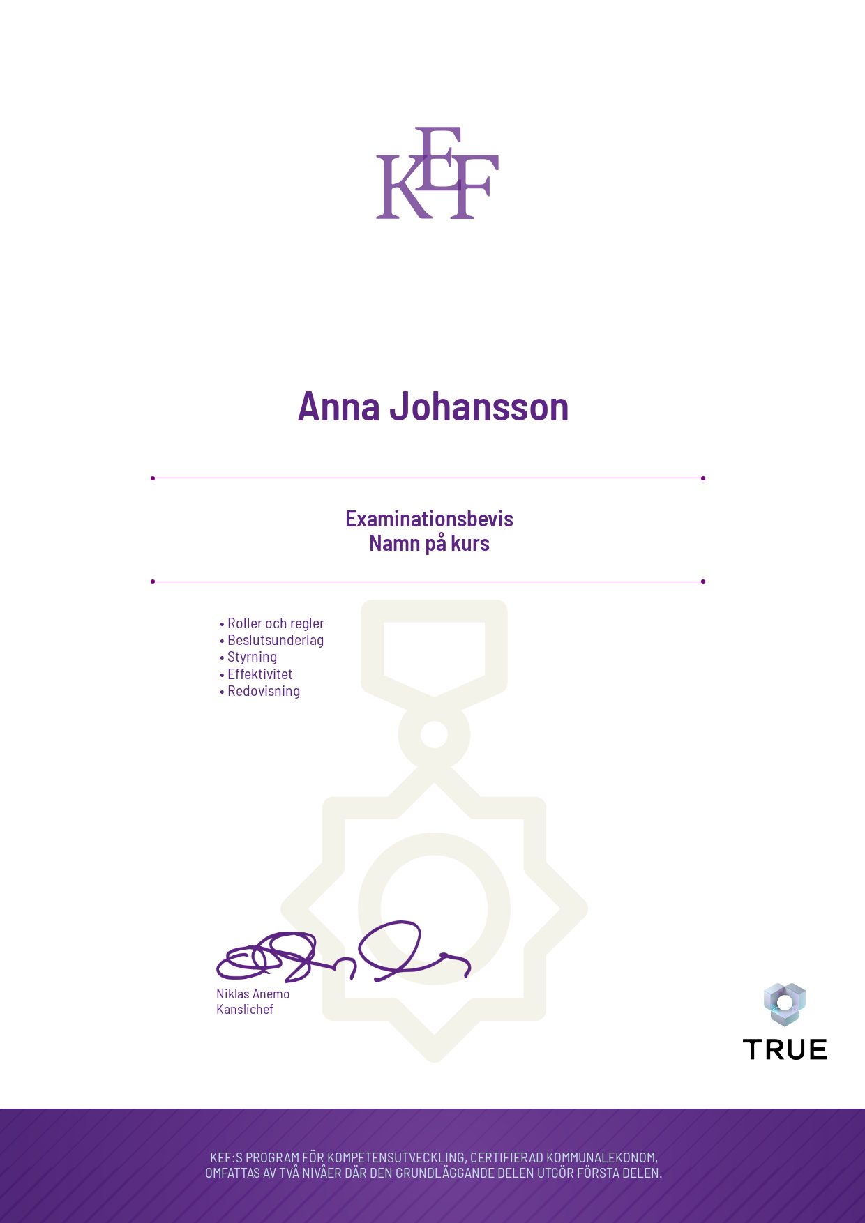 Exempel: diplom för Namn på kurs från KEF - Kommualekonomernas förening
