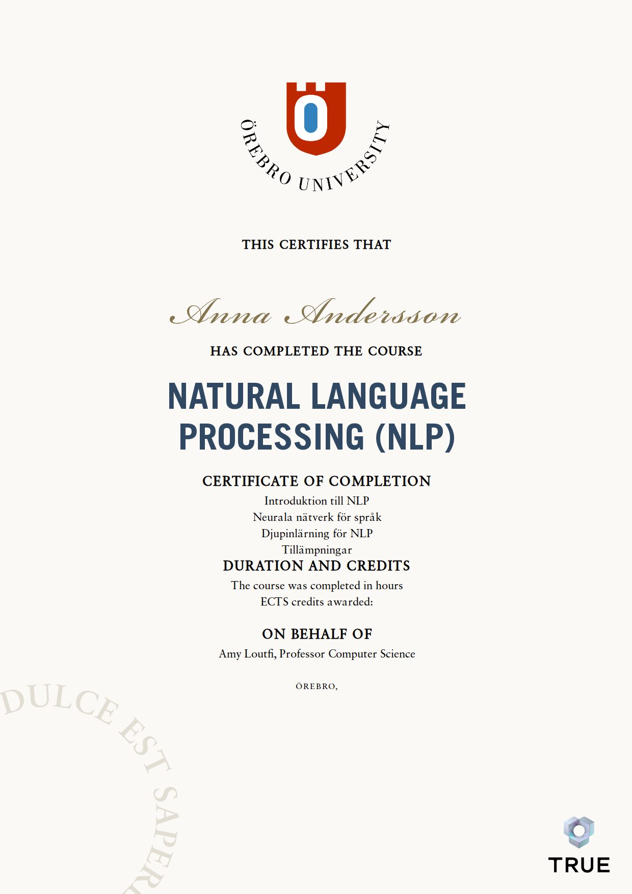 Exempel: diplom för Natural Language Processing (NLP) från Örebro universitet