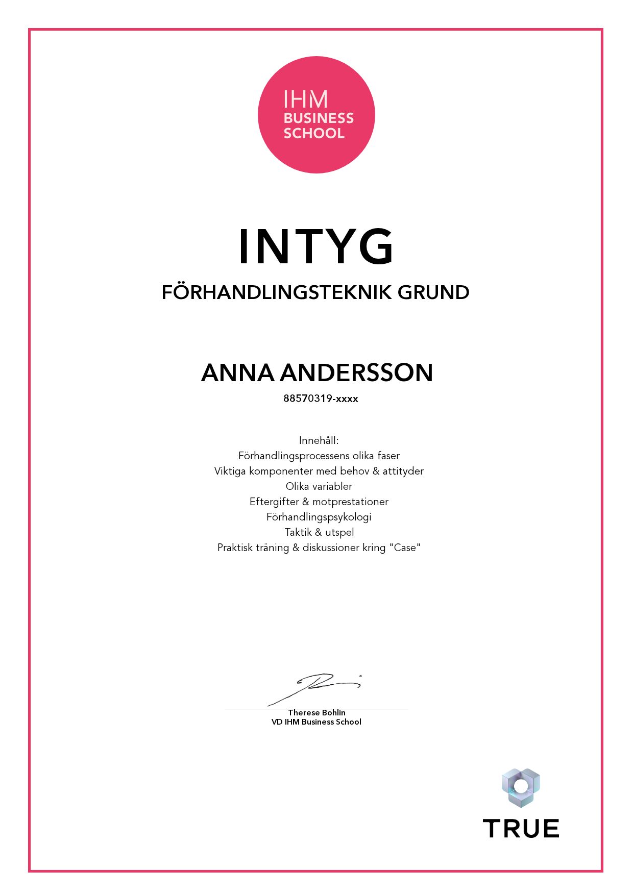 Example certificate for Förhandlingsteknik grund from IHM Business School
