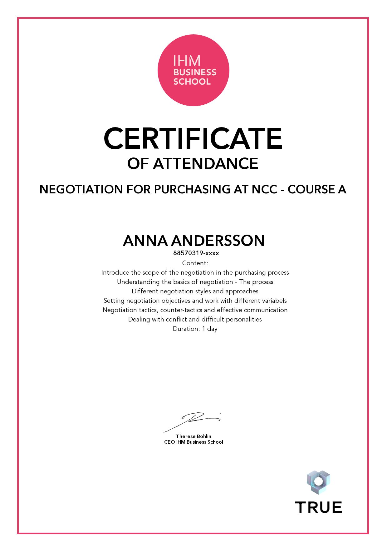 Exempel: diplom för Negotiation for purchasing at NCC - Course A från IHM Business School