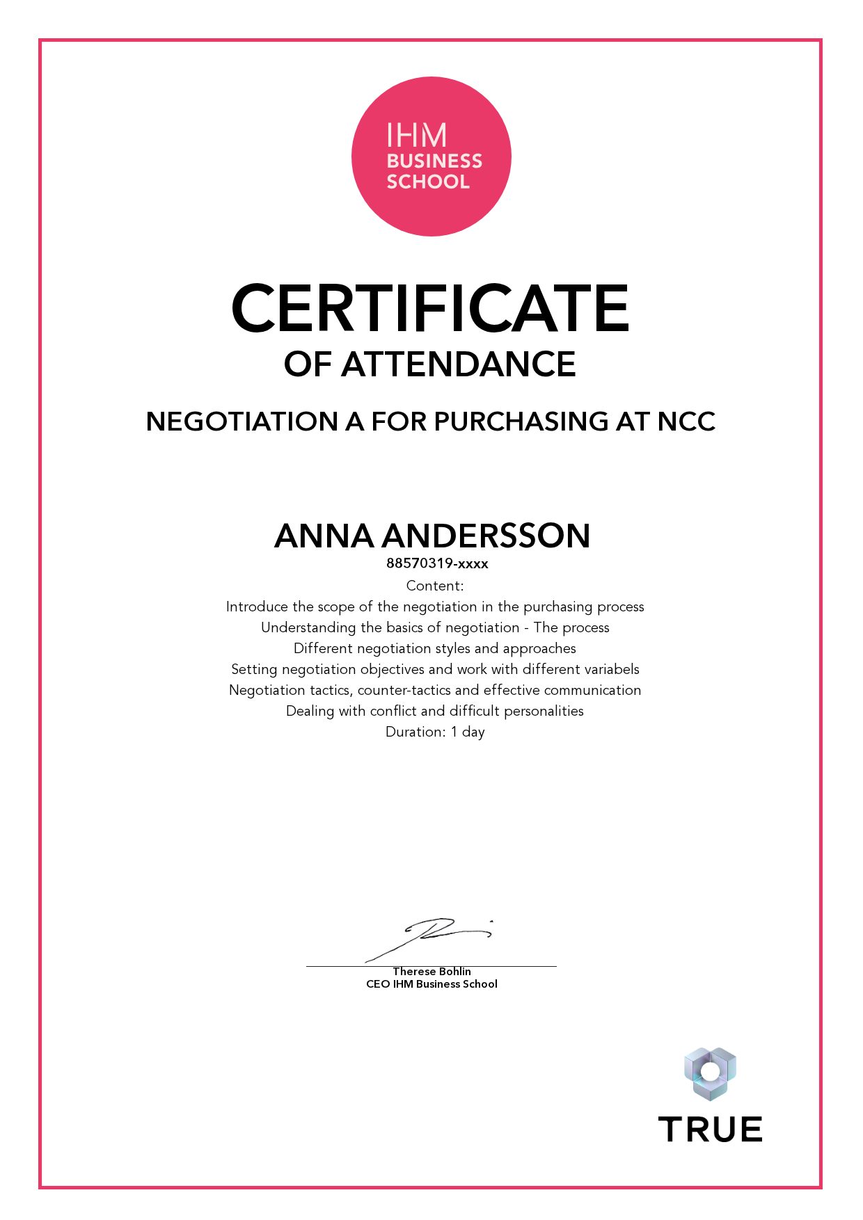Exempel: diplom för Negotiation A for purchasing at NCC från IHM Business School