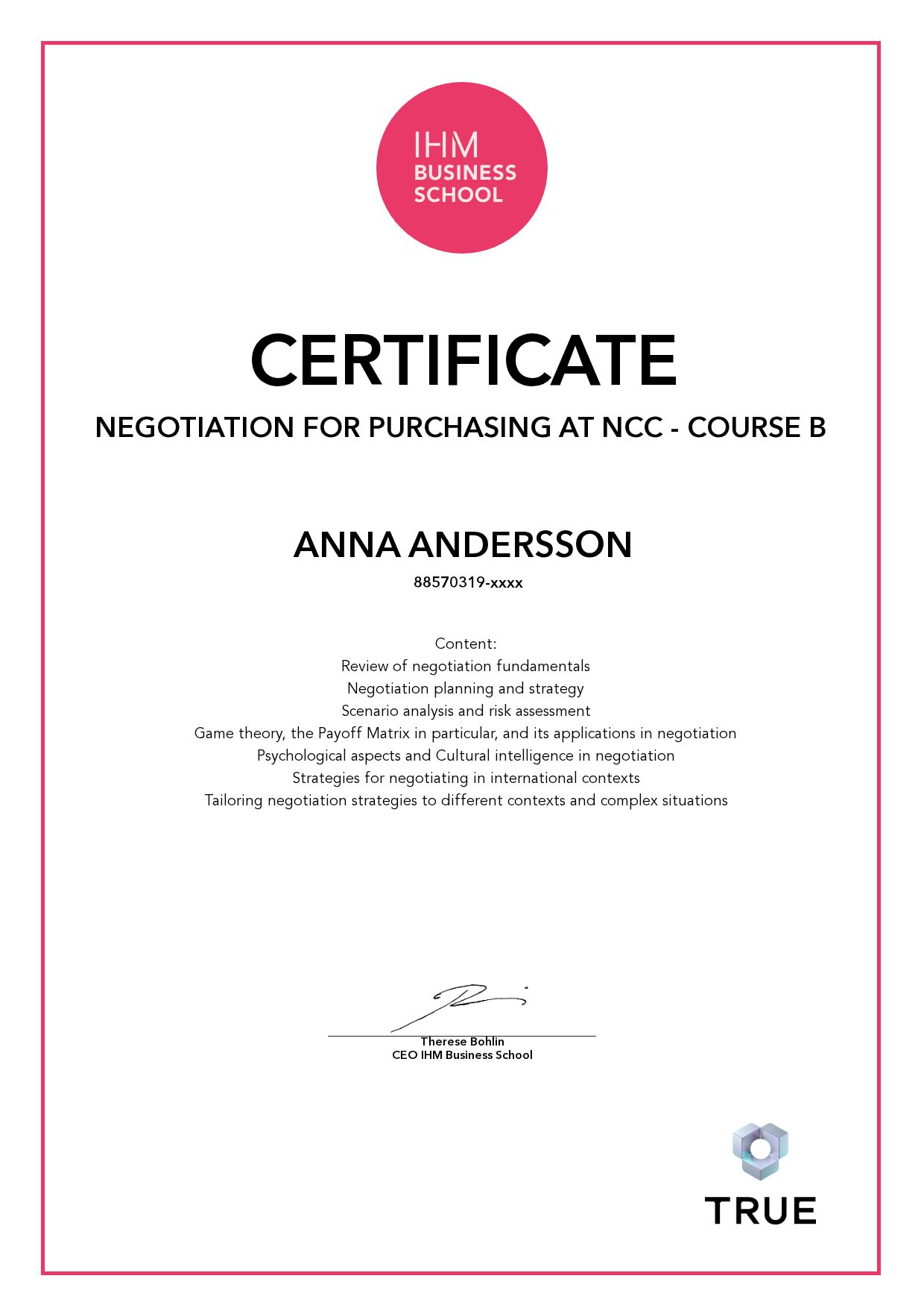 Exempel: diplom för Negotiation for purchasing at NCC - Course B från IHM Business School