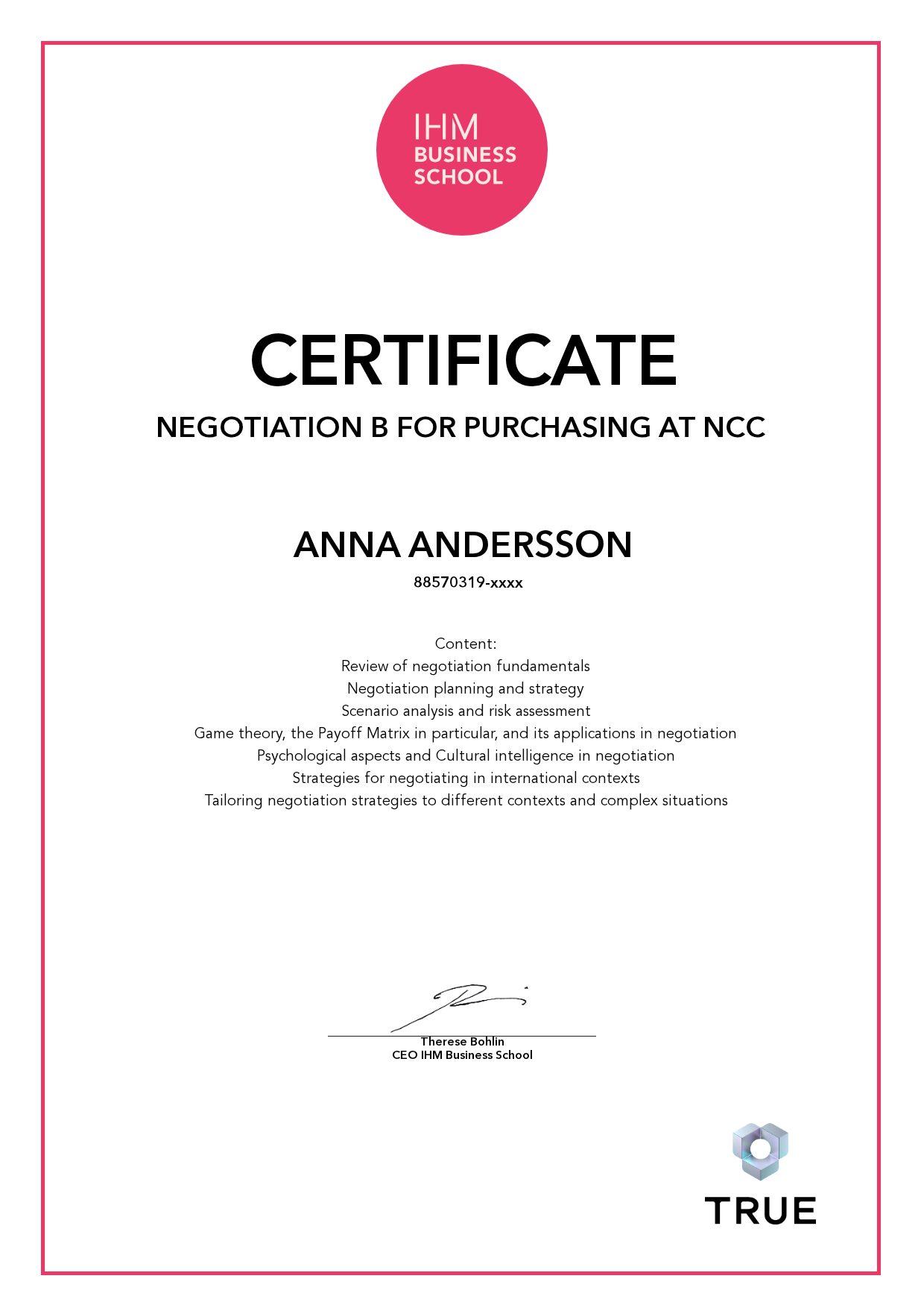 Exempel: diplom för Negotiation B for purchasing at NCC från IHM Business School