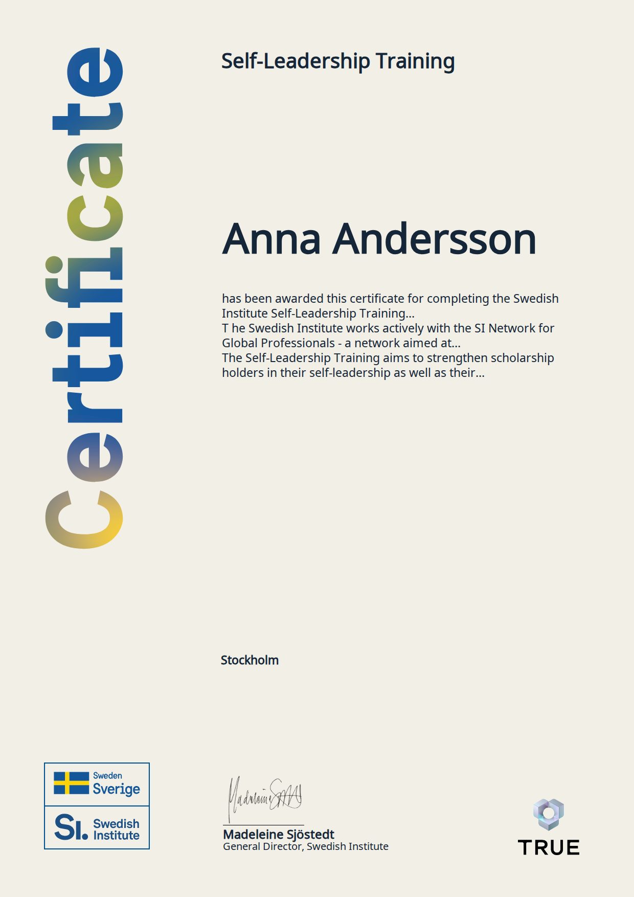 Exempel: diplom för Self-Leadership Training från SI - Swedish Institue