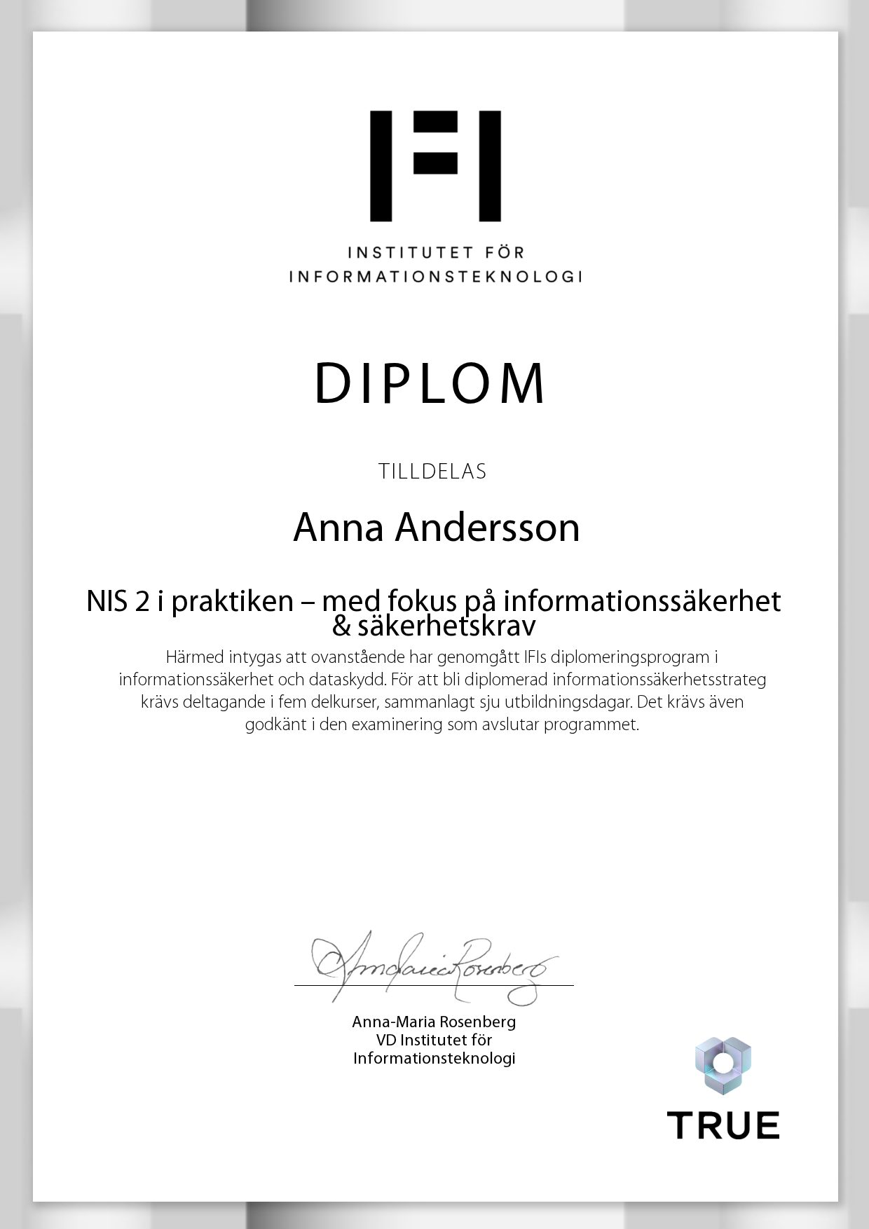 Exempel: diplom för NIS 2 i praktiken – med fokus på informationssäkerhet & säkerhetskrav från IFI AB