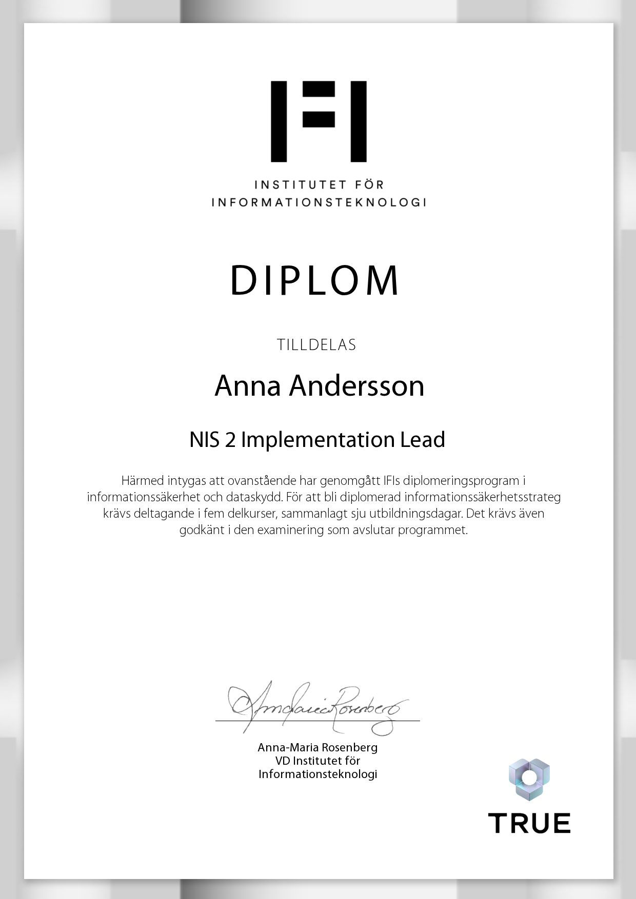 Exempel: diplom för NIS 2 Implementation Lead från IFI AB