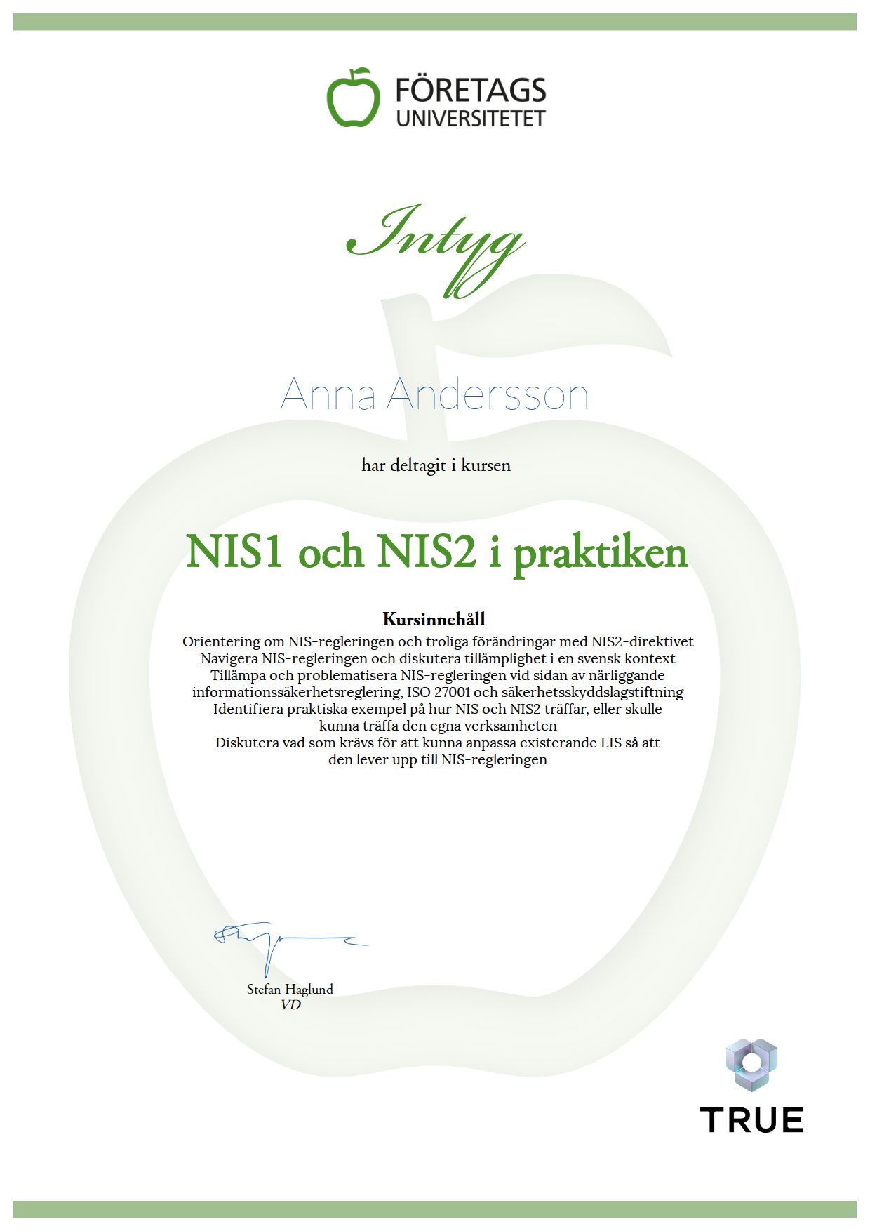 Exempel: diplom för NIS1 och NIS2 i praktiken från Företagsuniversitetet