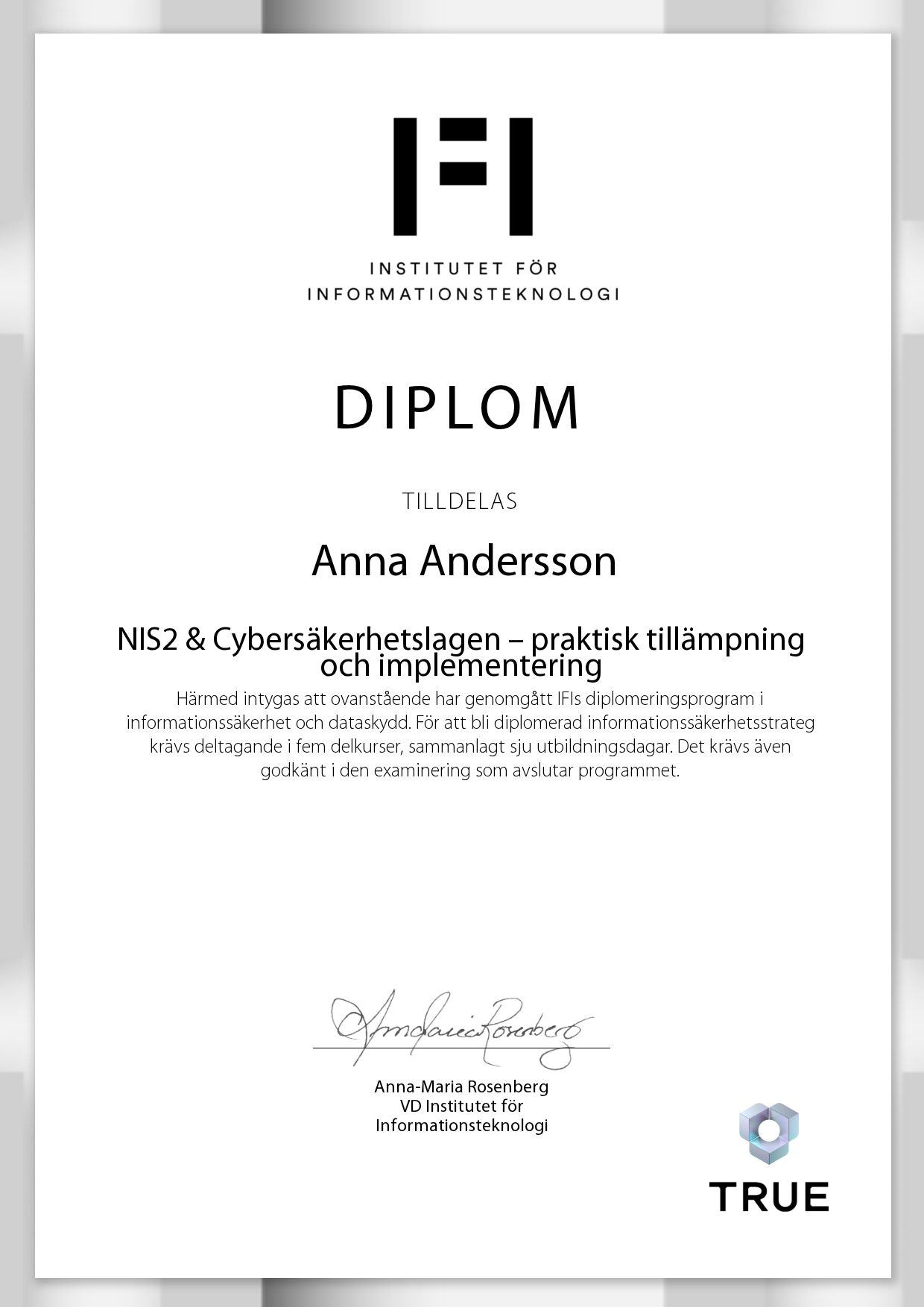 Exempel: diplom för NIS2 & Cybersäkerhetslagen – praktisk tillämpning och implementering från IFI AB