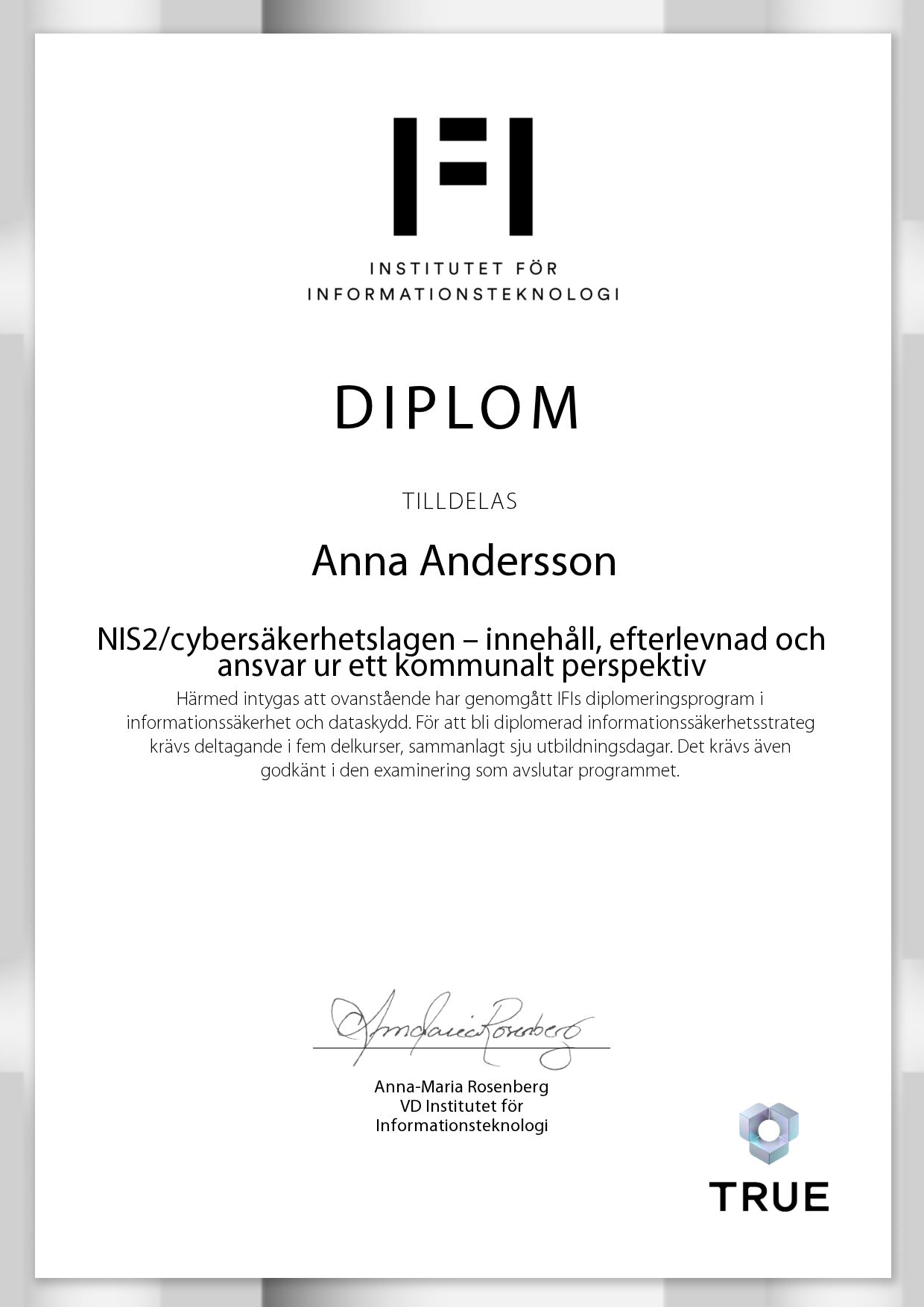 Exempel: diplom för NIS2/cybersäkerhetslagen – innehåll, efterlevnad och ansvar ur ett kommunalt perspektiv från IFI AB