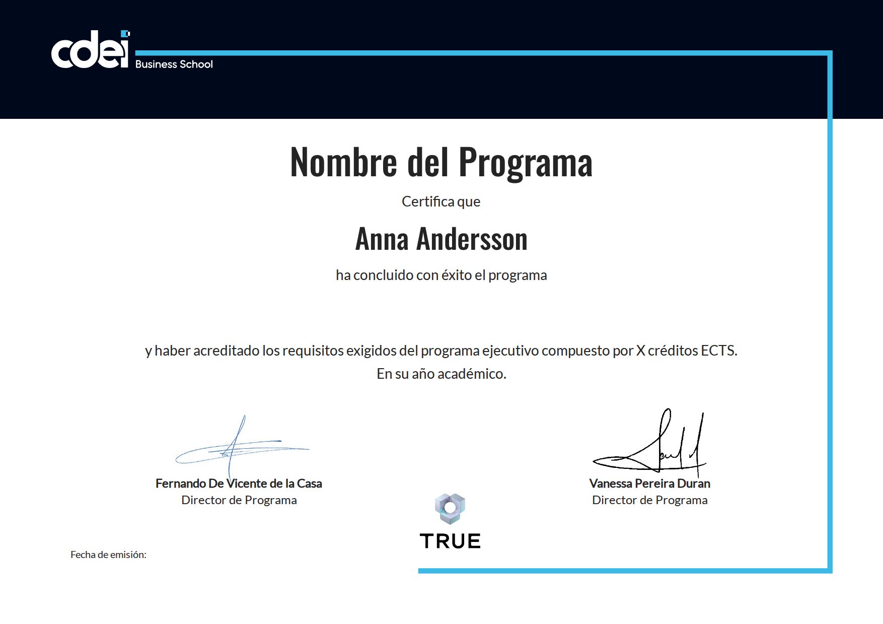 Exempel: diplom för Nombre del Programa från CDEI Business School
