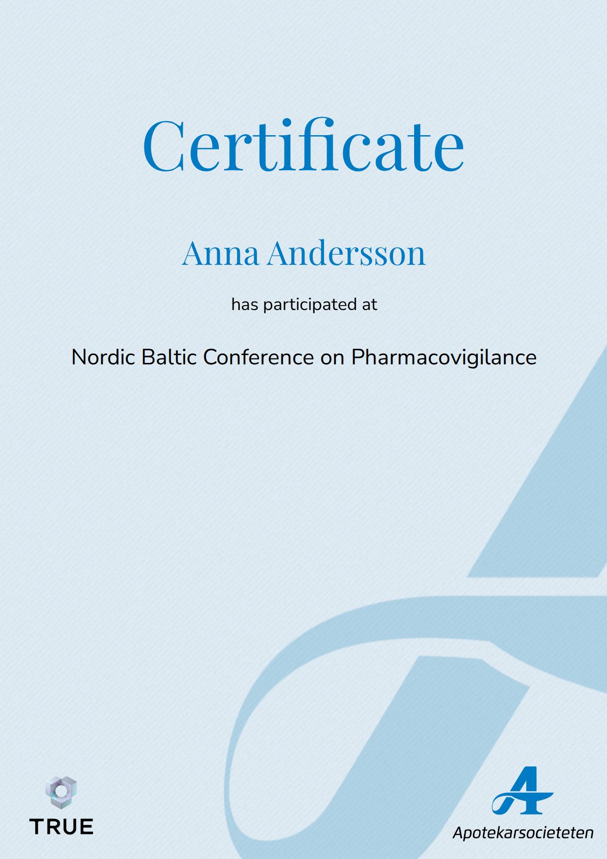 Exempel: diplom för Nordic Baltic Conference on Pharmacovigilance från Läkemedelsakademin