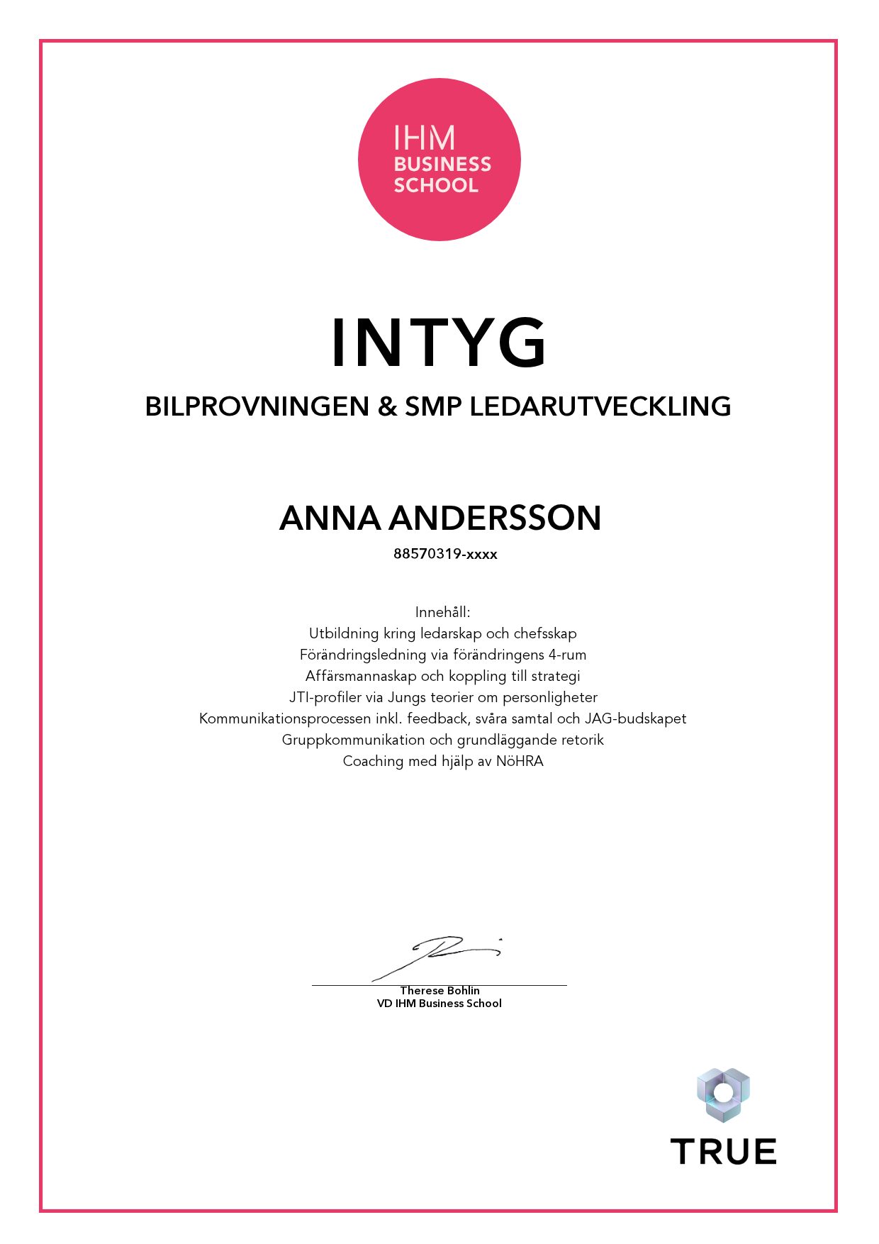 Exempel: diplom för Bilprovningen & SMP Ledarutveckling från IHM Business School