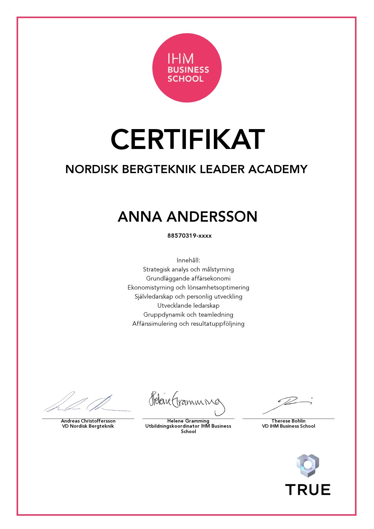 Example certificate for Nordisk Bergteknik Leader Academy from IHM Business School