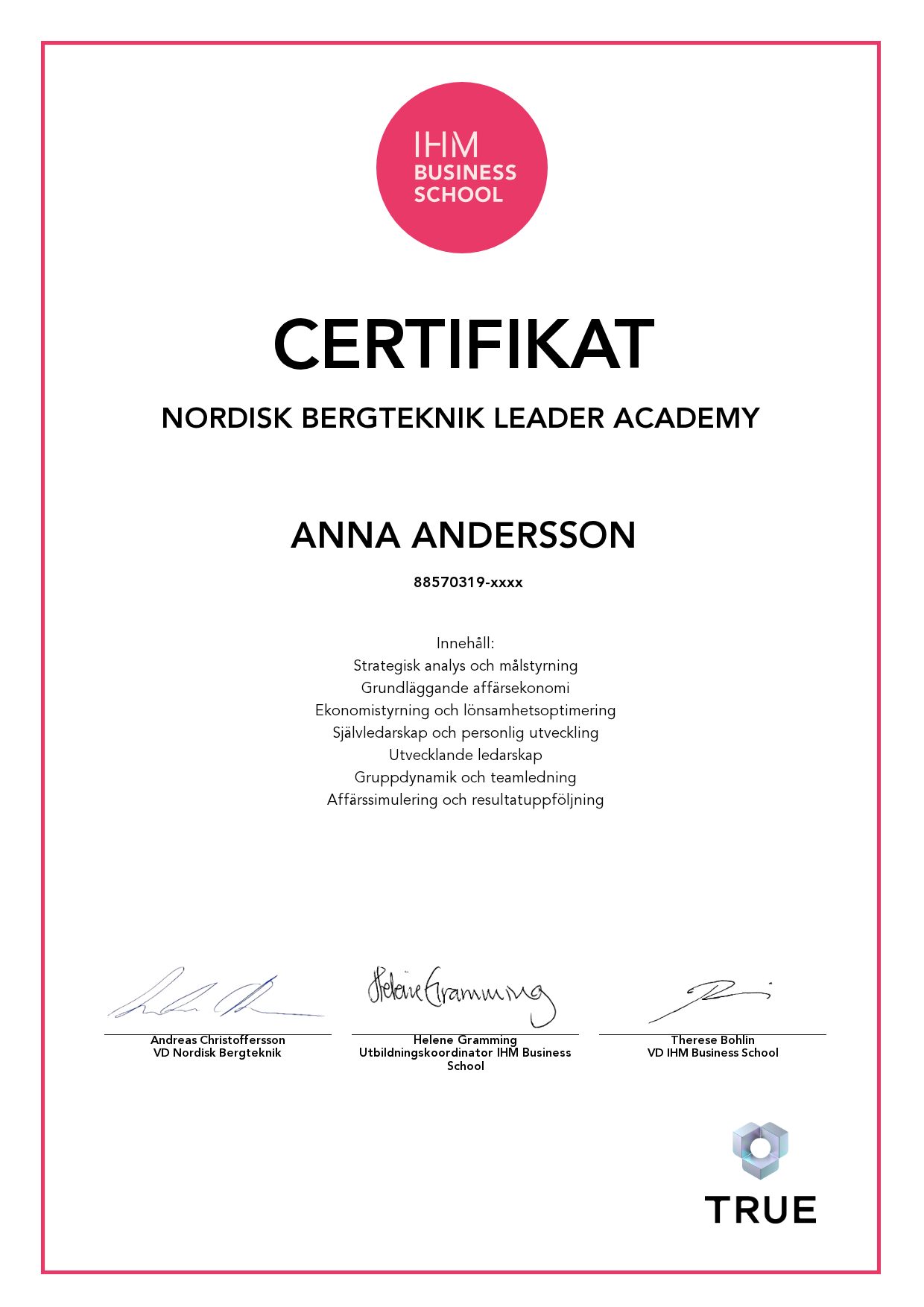 Exempel: diplom för Nordisk Bergteknik Leader Academy från IHM Business School