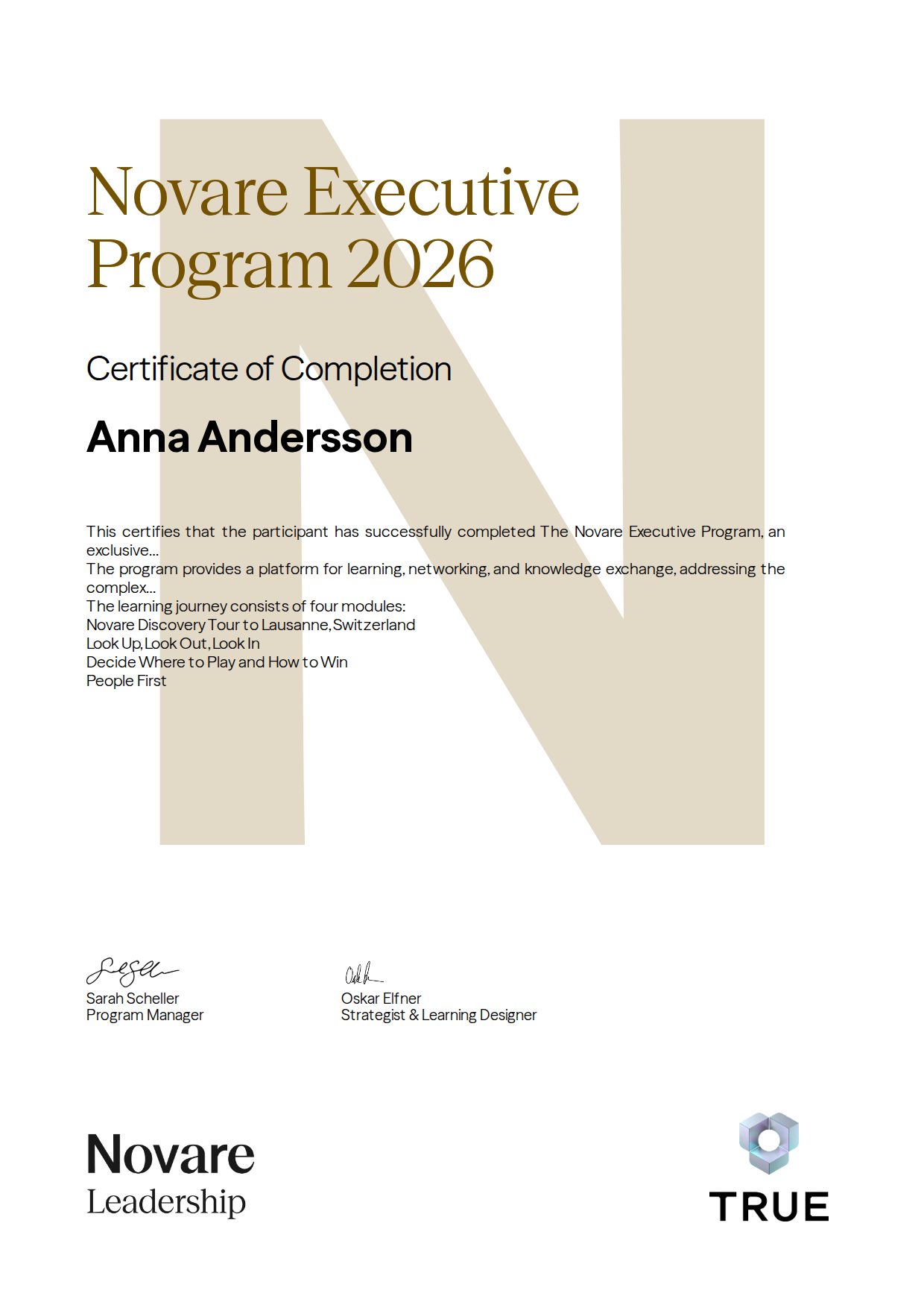 Exempel: diplom för Novare Executive Program 2026 från Novare Leadership