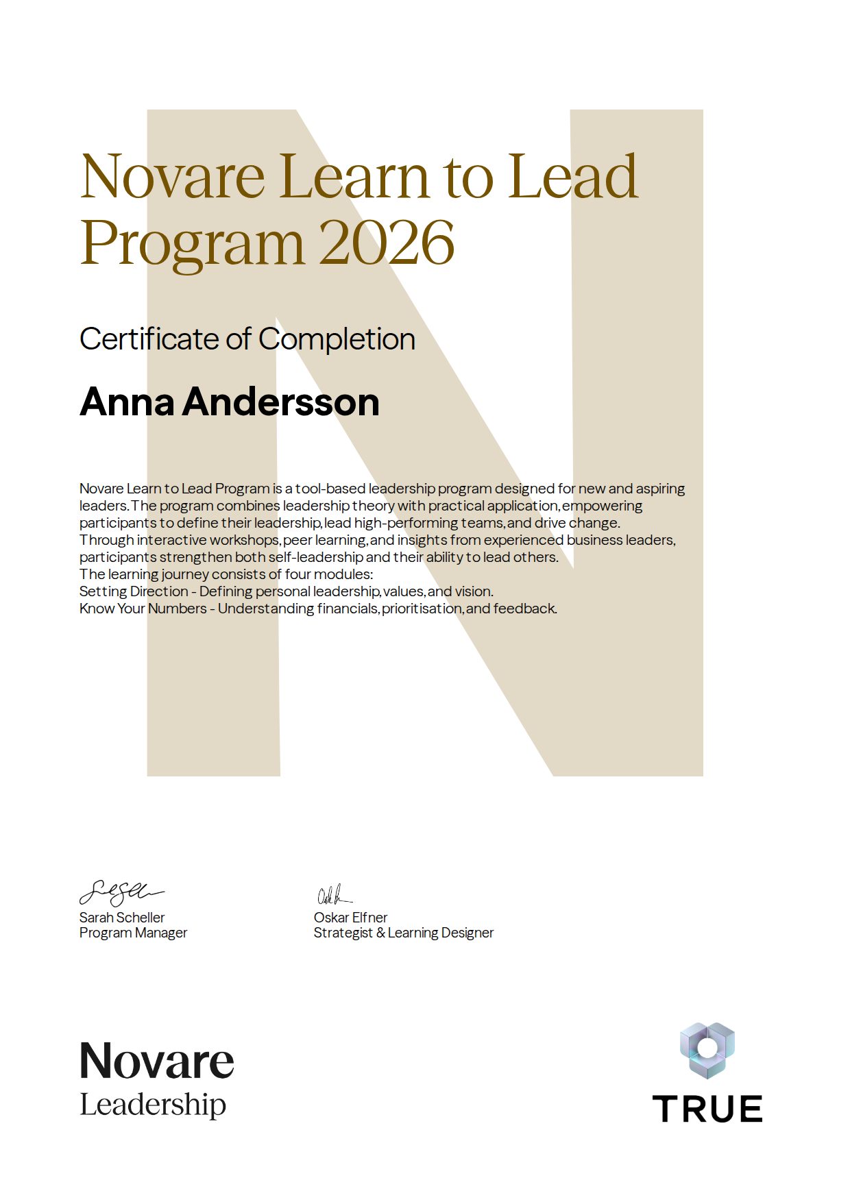 Example certificate for Novare Learn to Lead Program 2026 from Novare Leadership