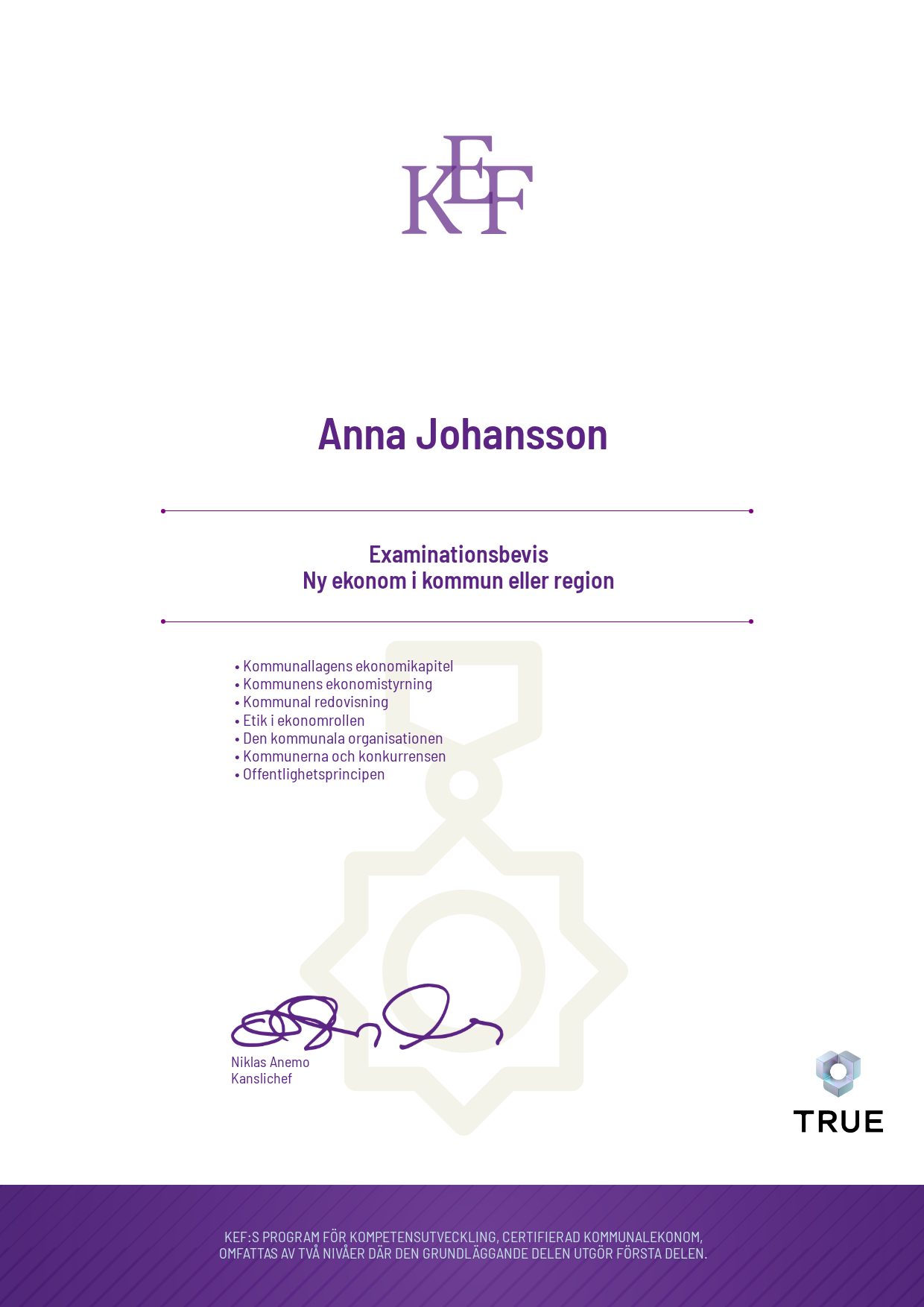 Example certificate for Ny ekonom i kommun eller region from KEF - Kommualekonomernas förening