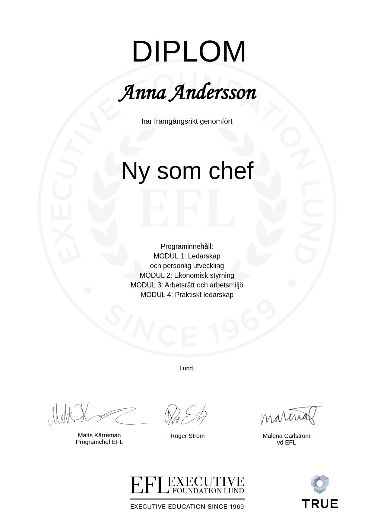 Example certificate for Ny som chef from EFL Executive Education