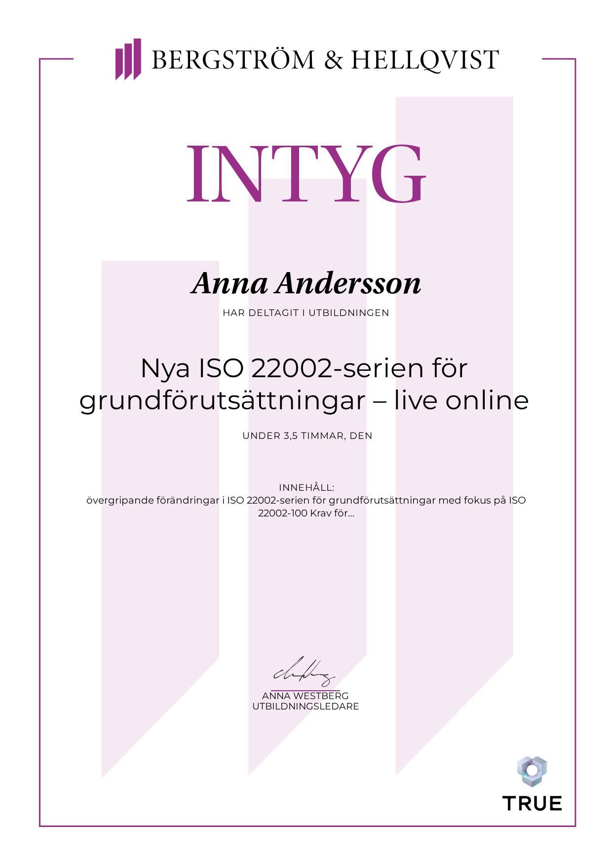 Exempel: diplom för Nya ISO 22002-serien för grundförutsättningar – live online från Bergström & Hellqvist