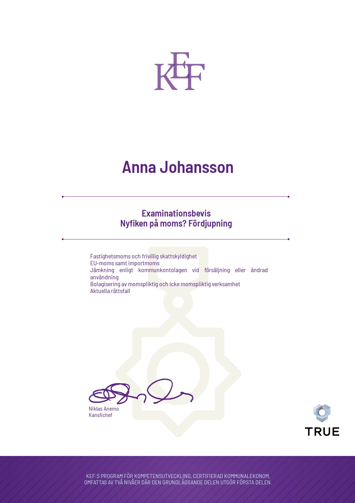 Exempel: diplom för Nyfiken på moms? Fördjupning från KEF - Kommualekonomernas förening